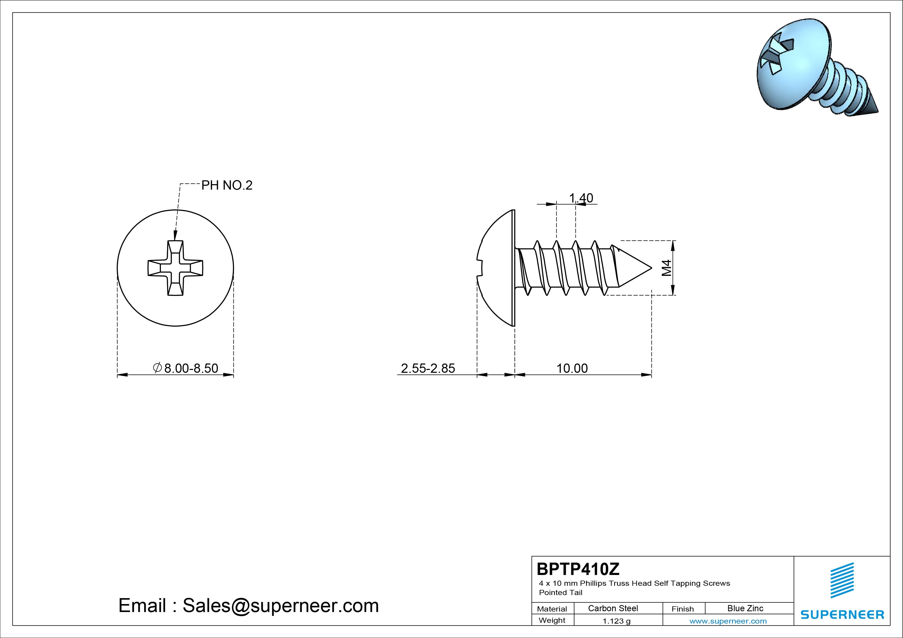 4 x 10mm Phillips Truss Head Self Tapping Screws Pointed Tail Steel Blue Zinc Plated