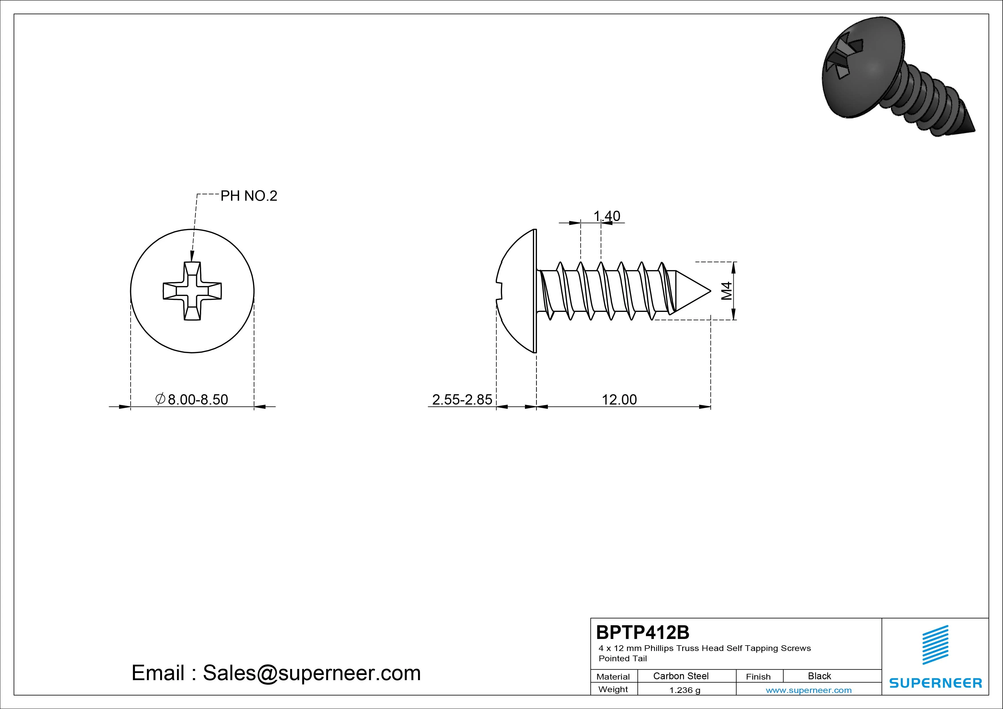 4 x 12mm Phillips Truss Head Self Tapping Screws Pointed Tail Steel Black Zinc Plated
