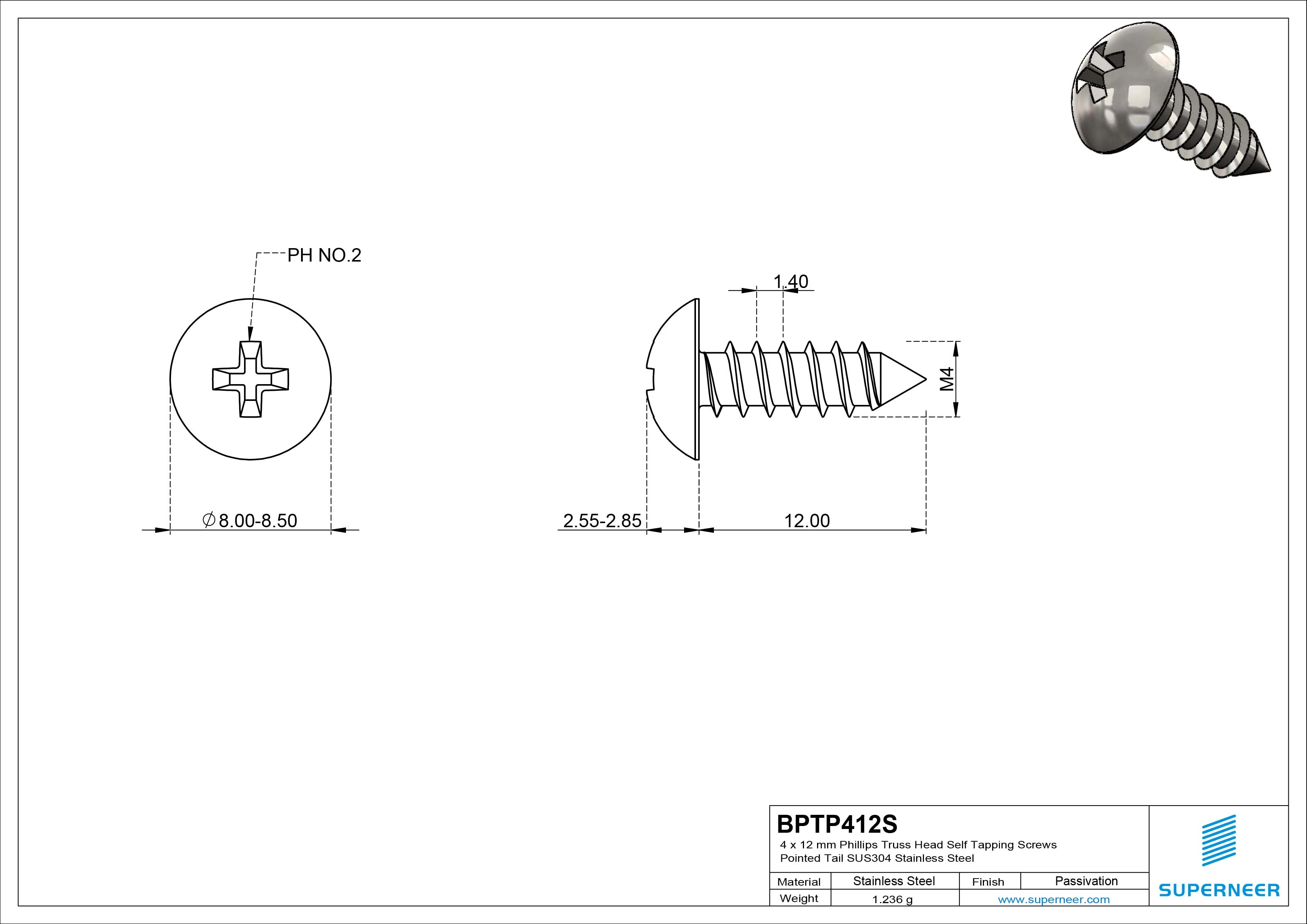4 x 12mm Phillips Truss Head Self Tapping Screws Pointed Tail SUS304 Stainless Steel