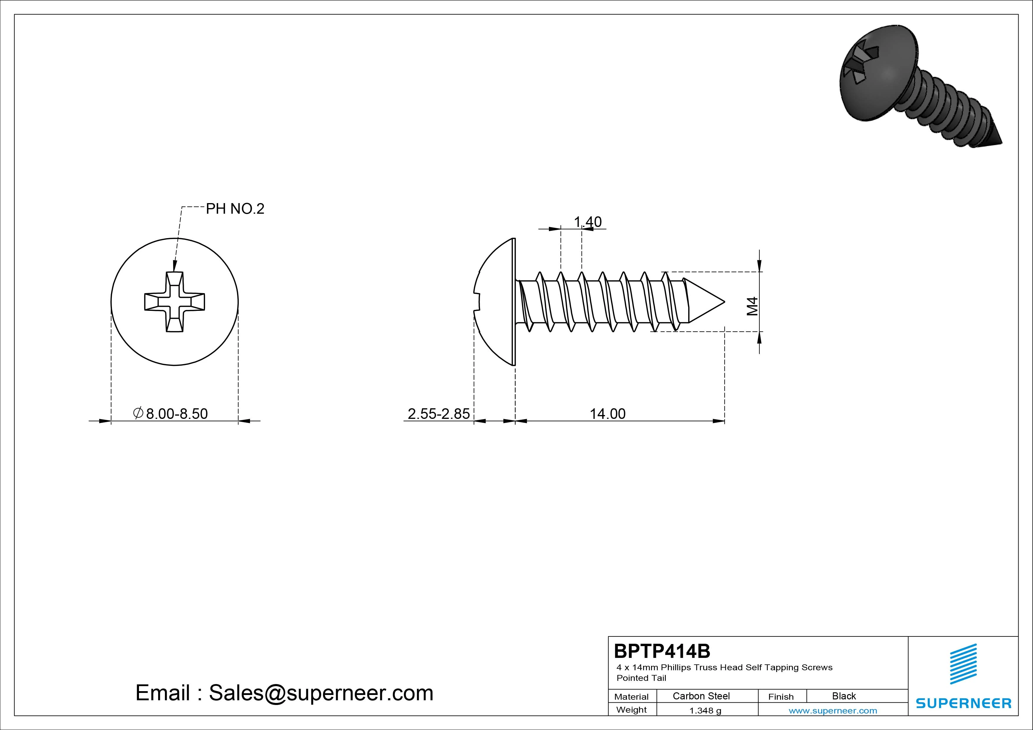 4 x 14mm Phillips Truss Head Self Tapping Screws Pointed Tail Steel Black Zinc Plated
