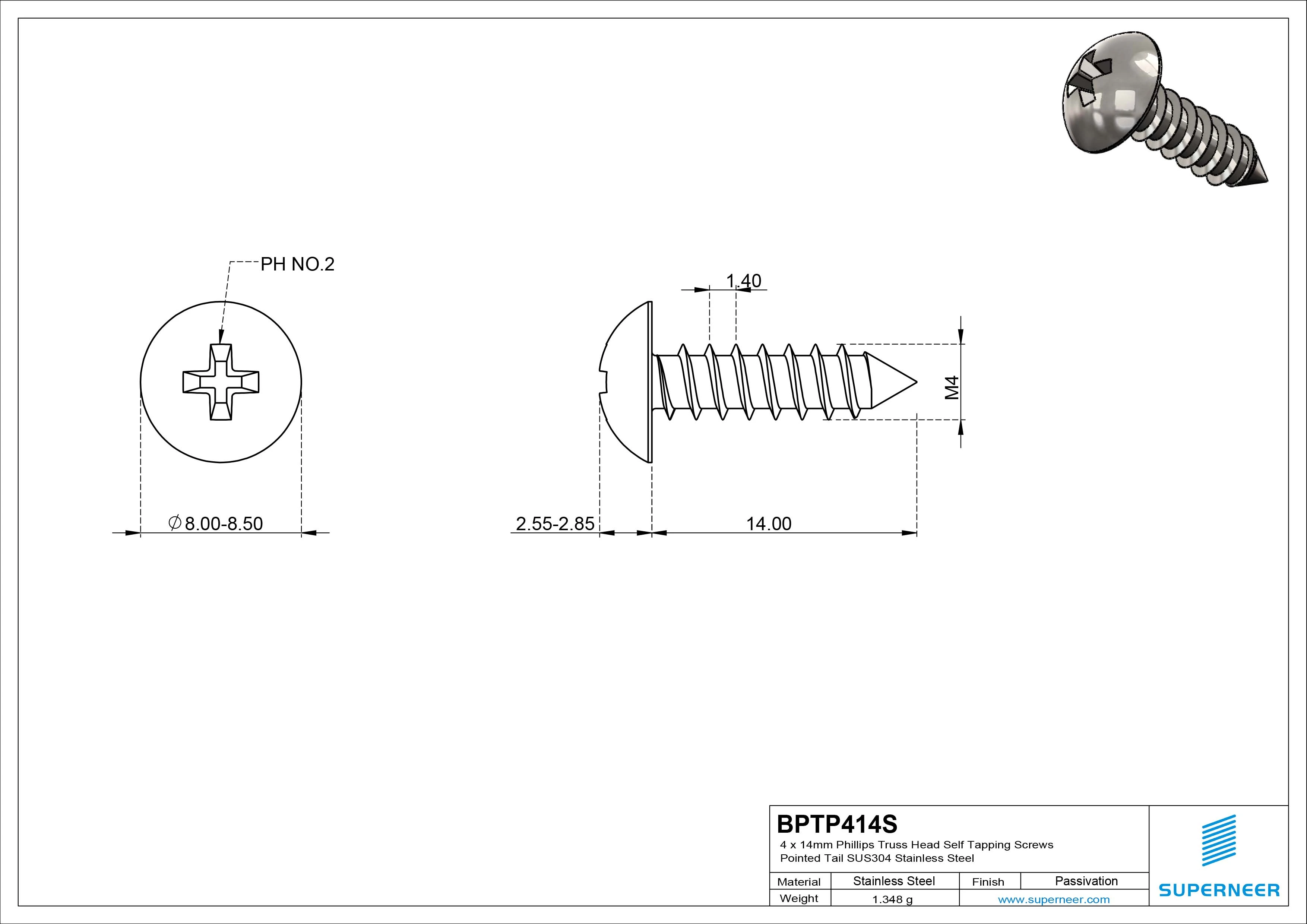 4 x 14mm Phillips Truss Head Self Tapping Screws Pointed Tail SUS304 Stainless Steel