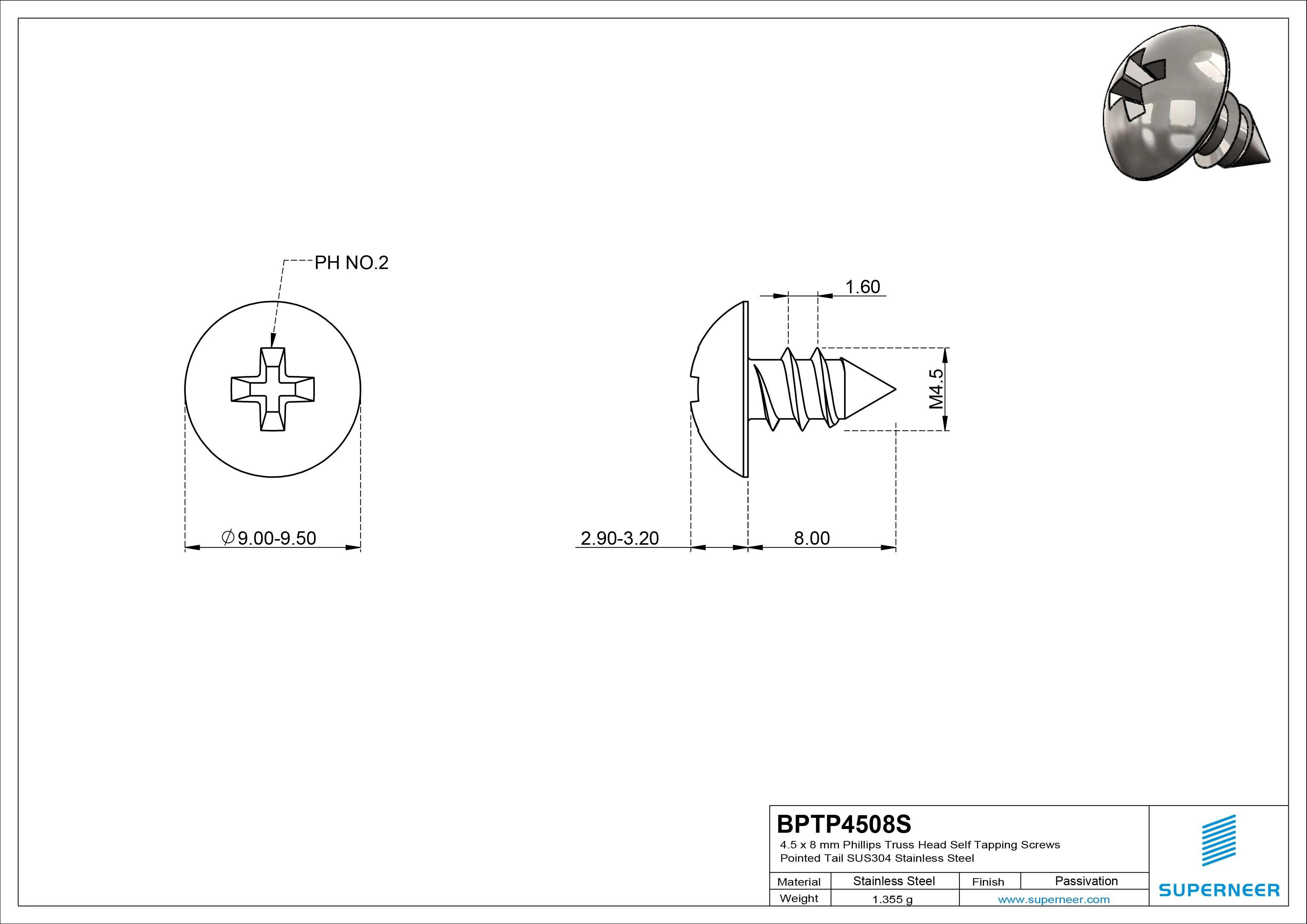 4.5 x 8mm Phillips Truss Head Self Tapping Screws Pointed Tail SUS304 Stainless Steel