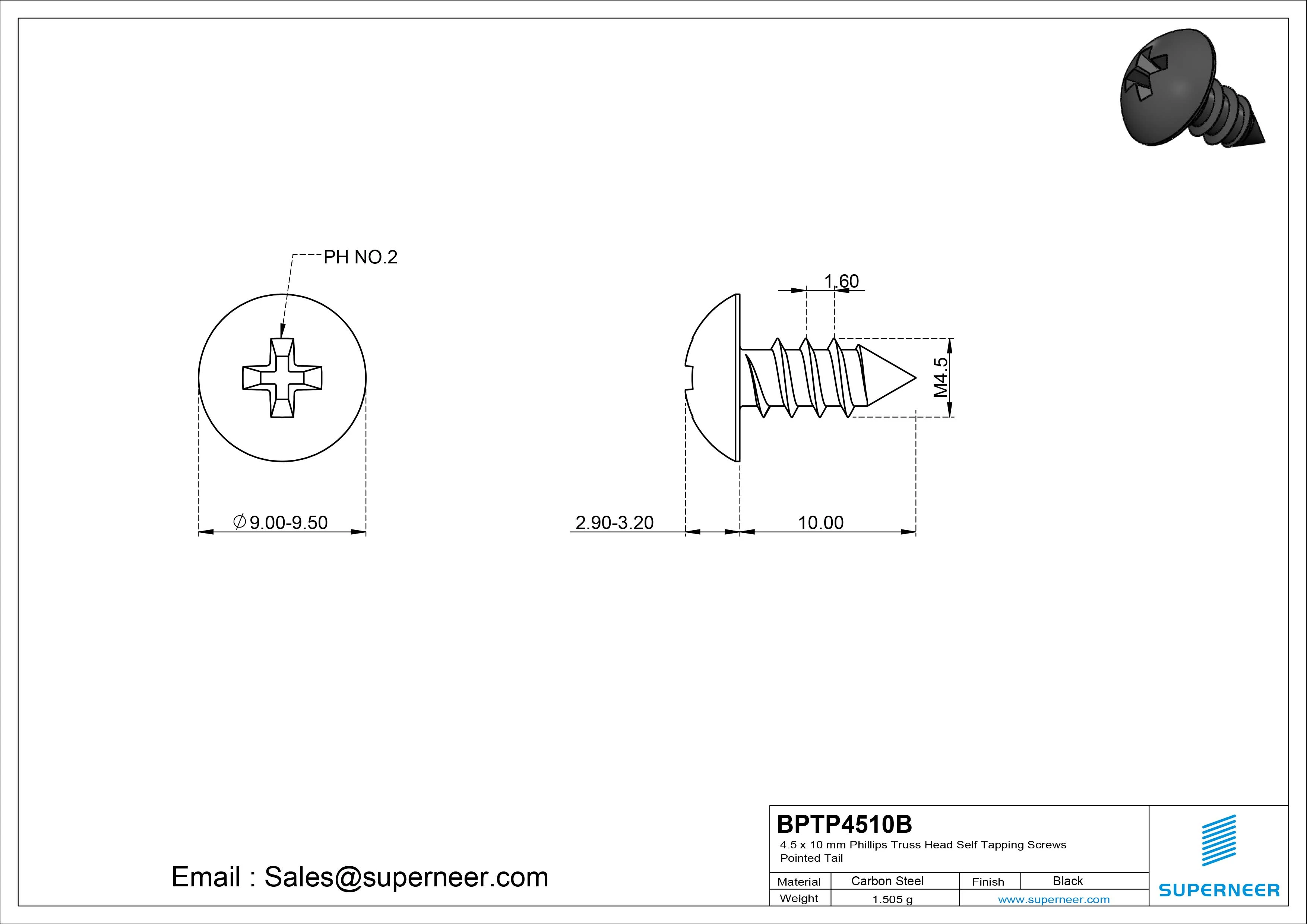 4.5 x 10mm Phillips Truss Head Self Tapping Screws Pointed Tail Steel Black Zinc Plated