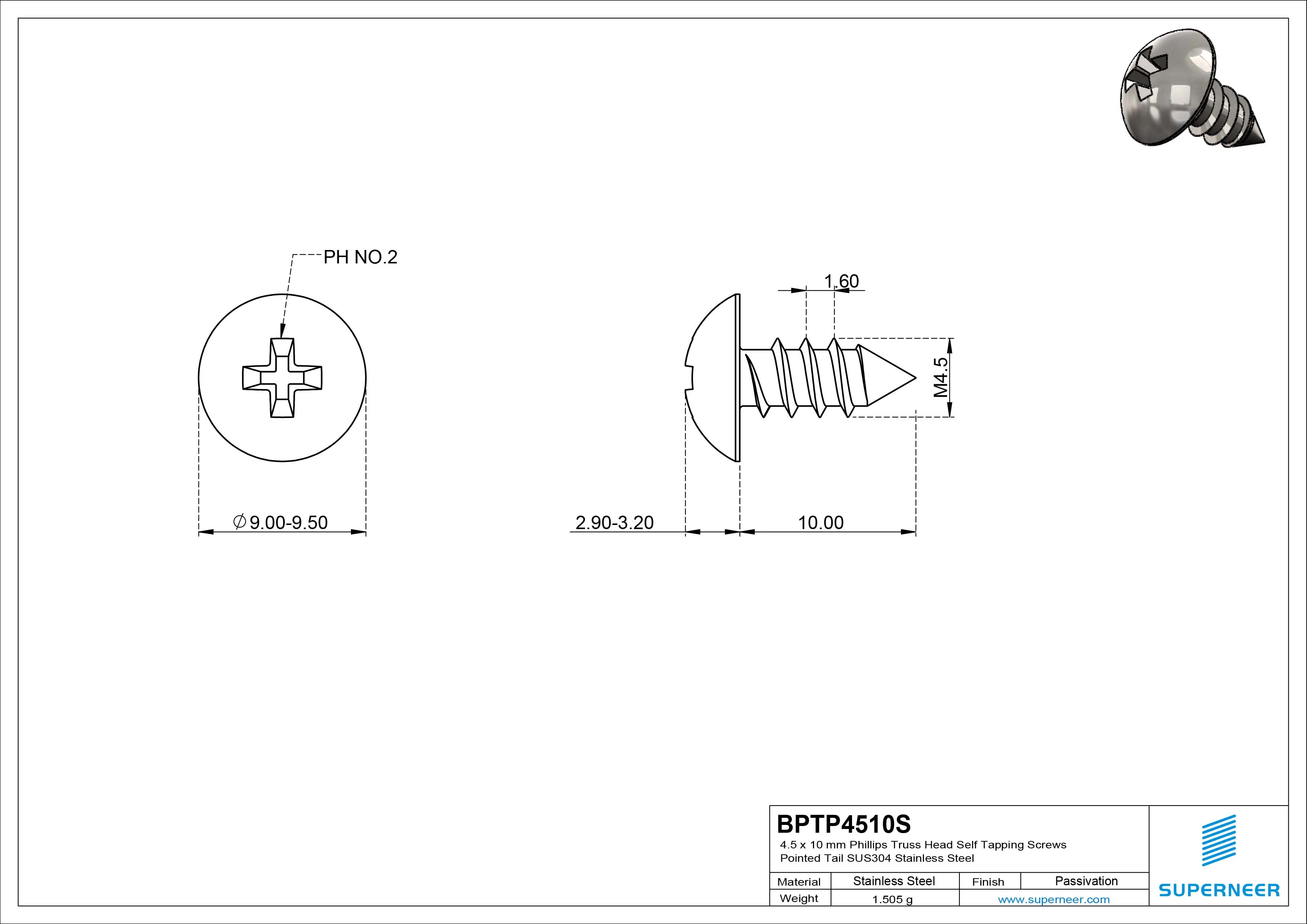 4.5 x 10mm Phillips Truss Head Self Tapping Screws Pointed Tail SUS304 Stainless Steel