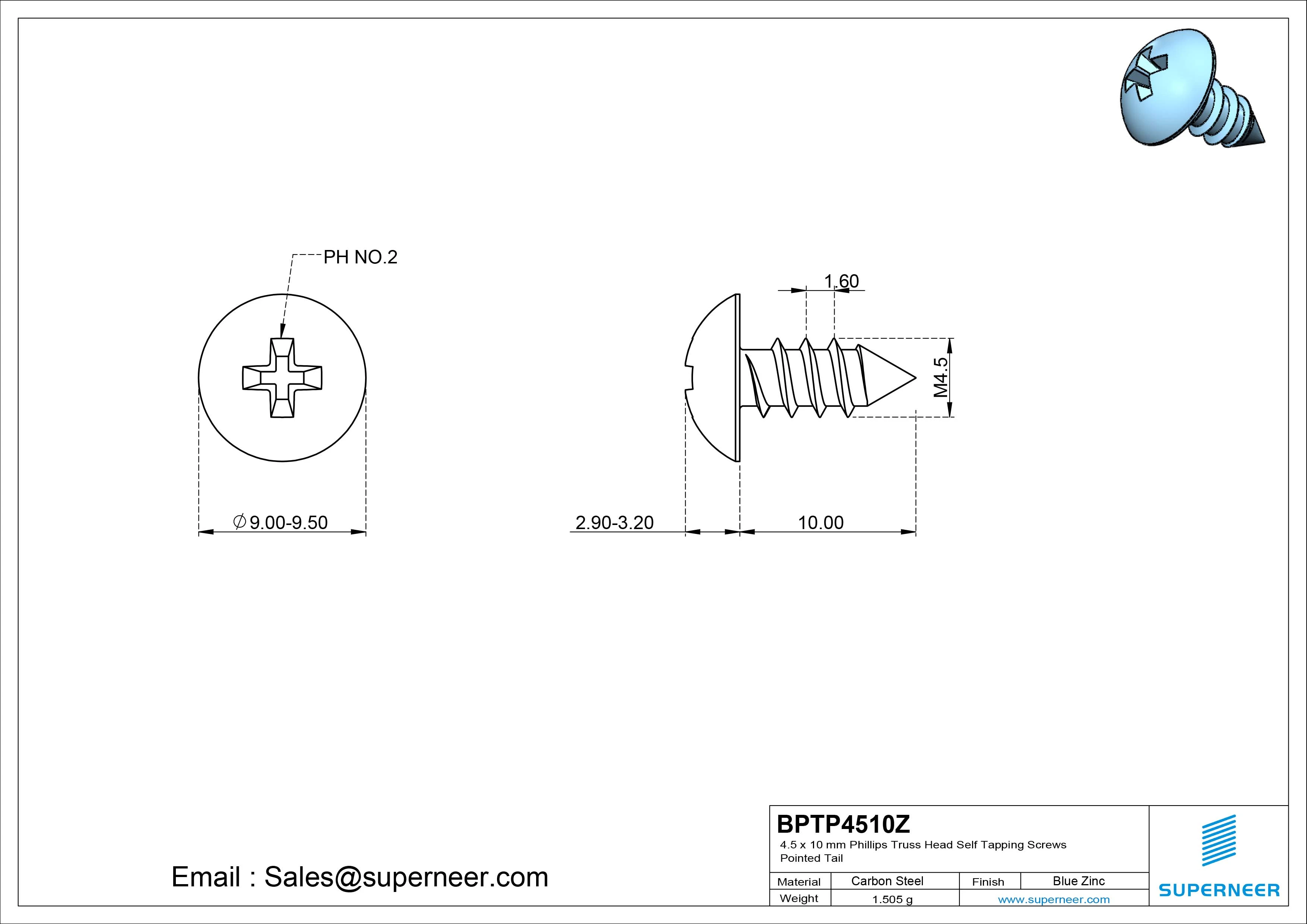 4.5 x 10mm Phillips Truss Head Self Tapping Screws Pointed Tail Steel Blue Zinc Plated