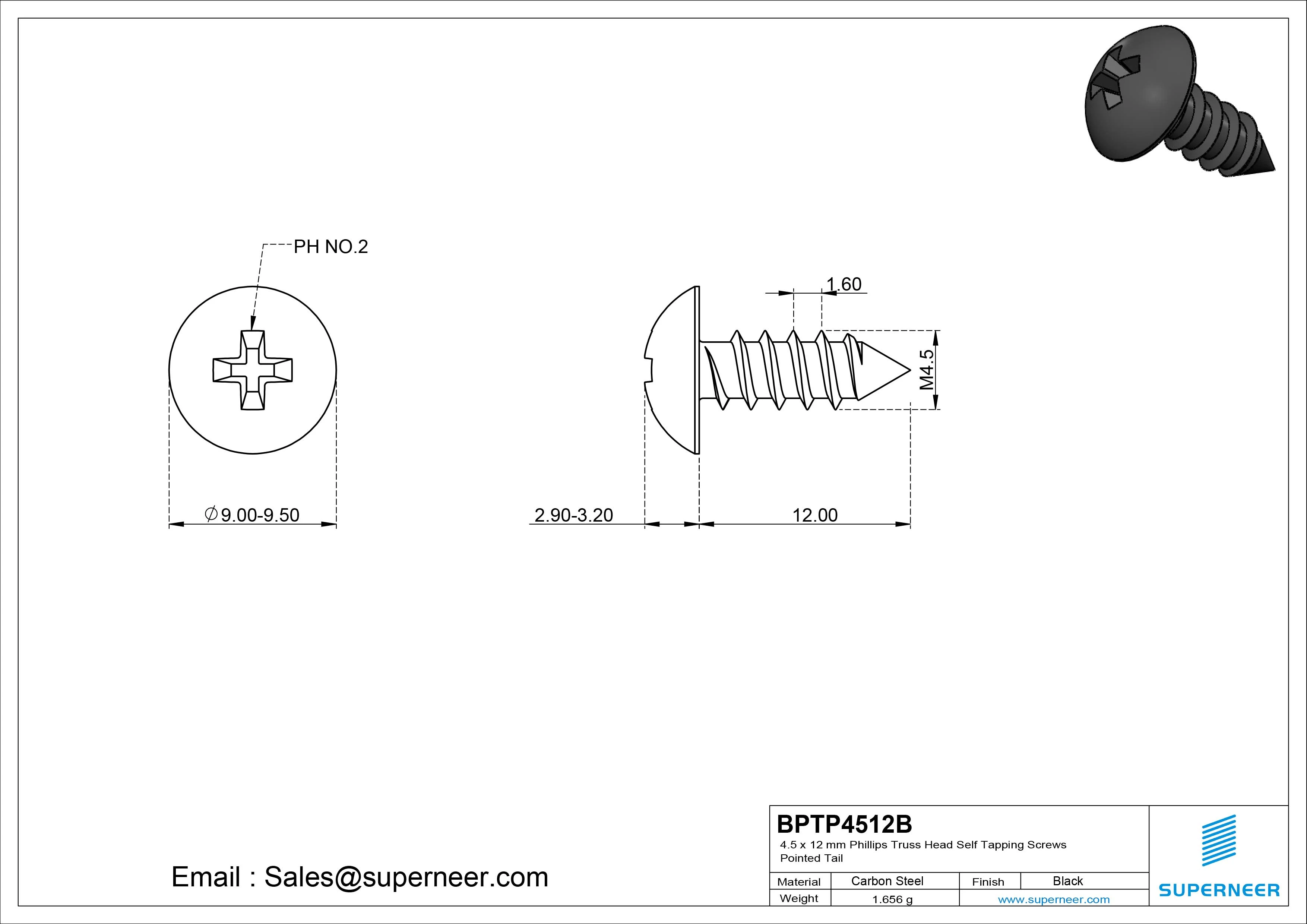 4.5 x 12mm Phillips Truss Head Self Tapping Screws Pointed Tail Steel Black Zinc Plated