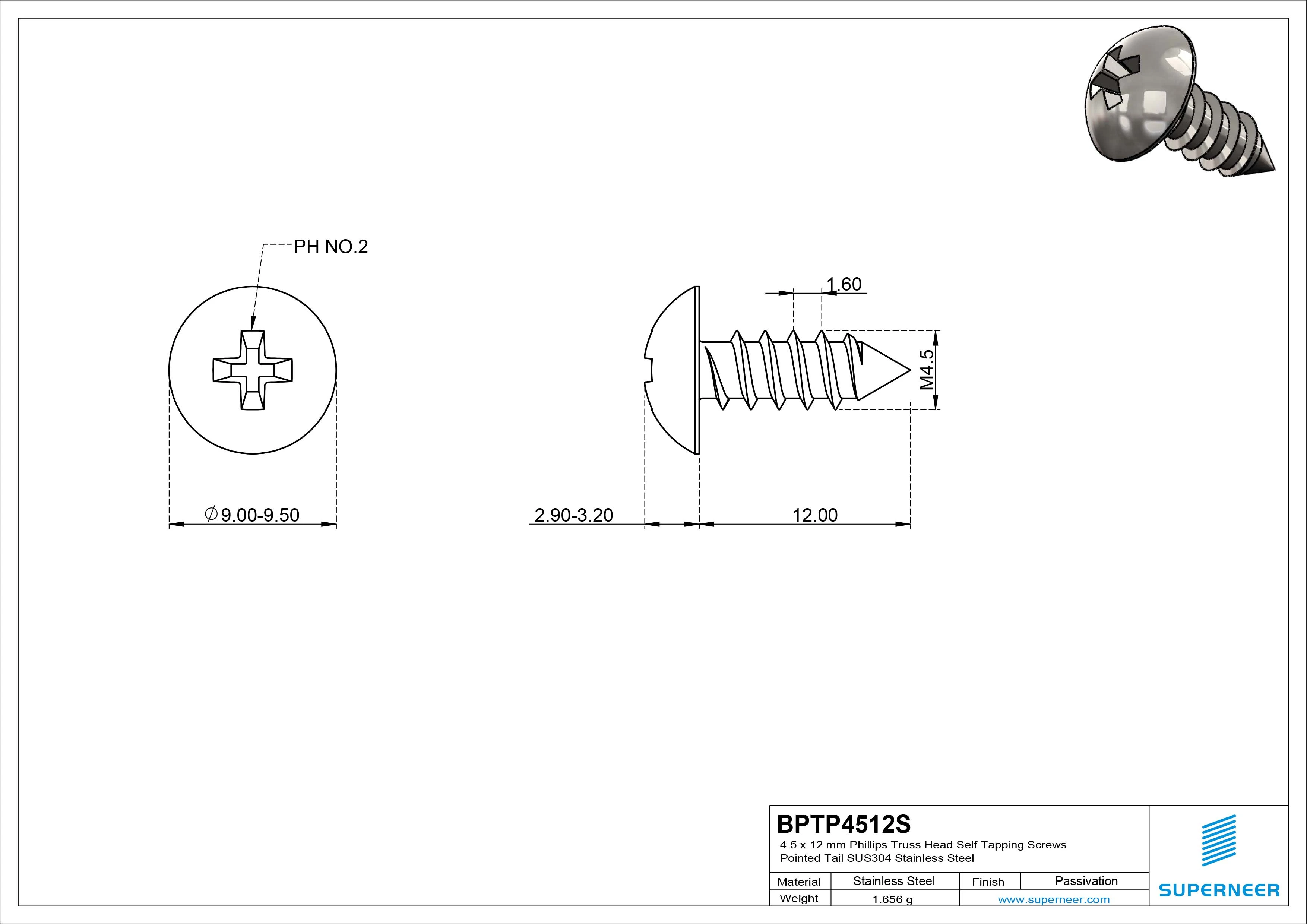 4.5 x 12mm Phillips Truss Head Self Tapping Screws Pointed Tail SUS304 Stainless Steel
