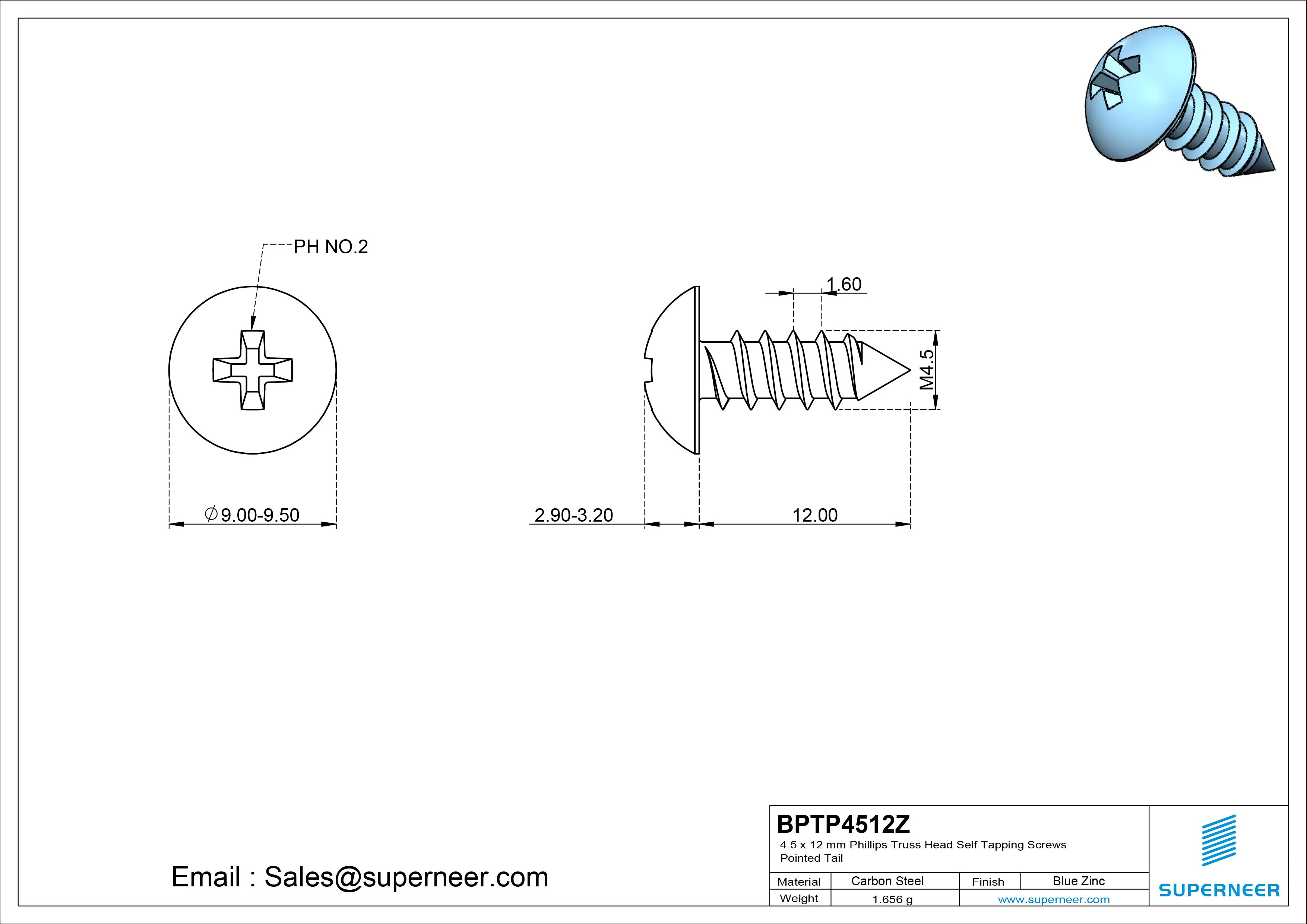 4.5 x 12mm Phillips Truss Head Self Tapping Screws Pointed Tail Steel Blue Zinc Plated