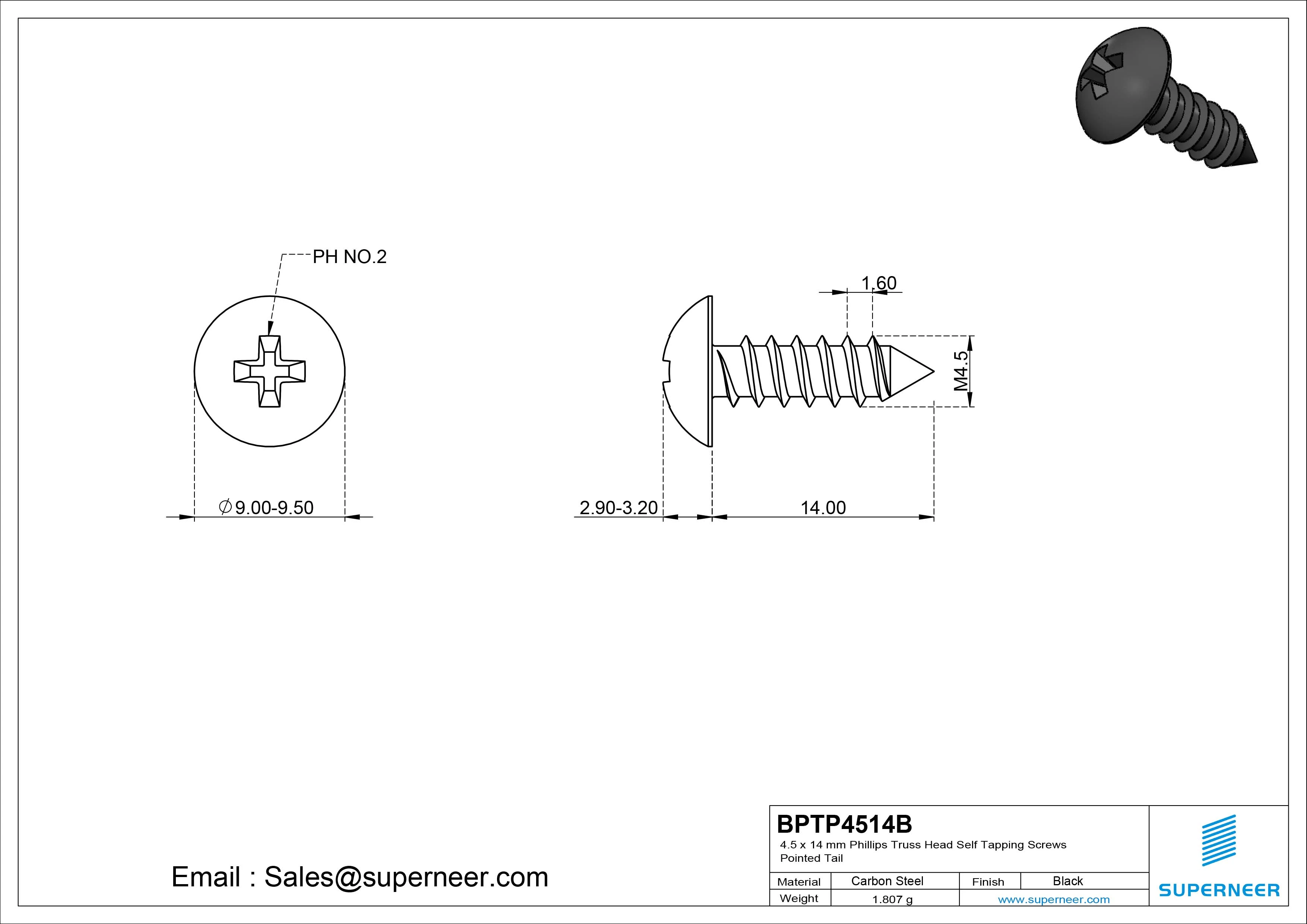 4.5 x 14mm Phillips Truss Head Self Tapping Screws Pointed Tail Steel Black Zinc Plated