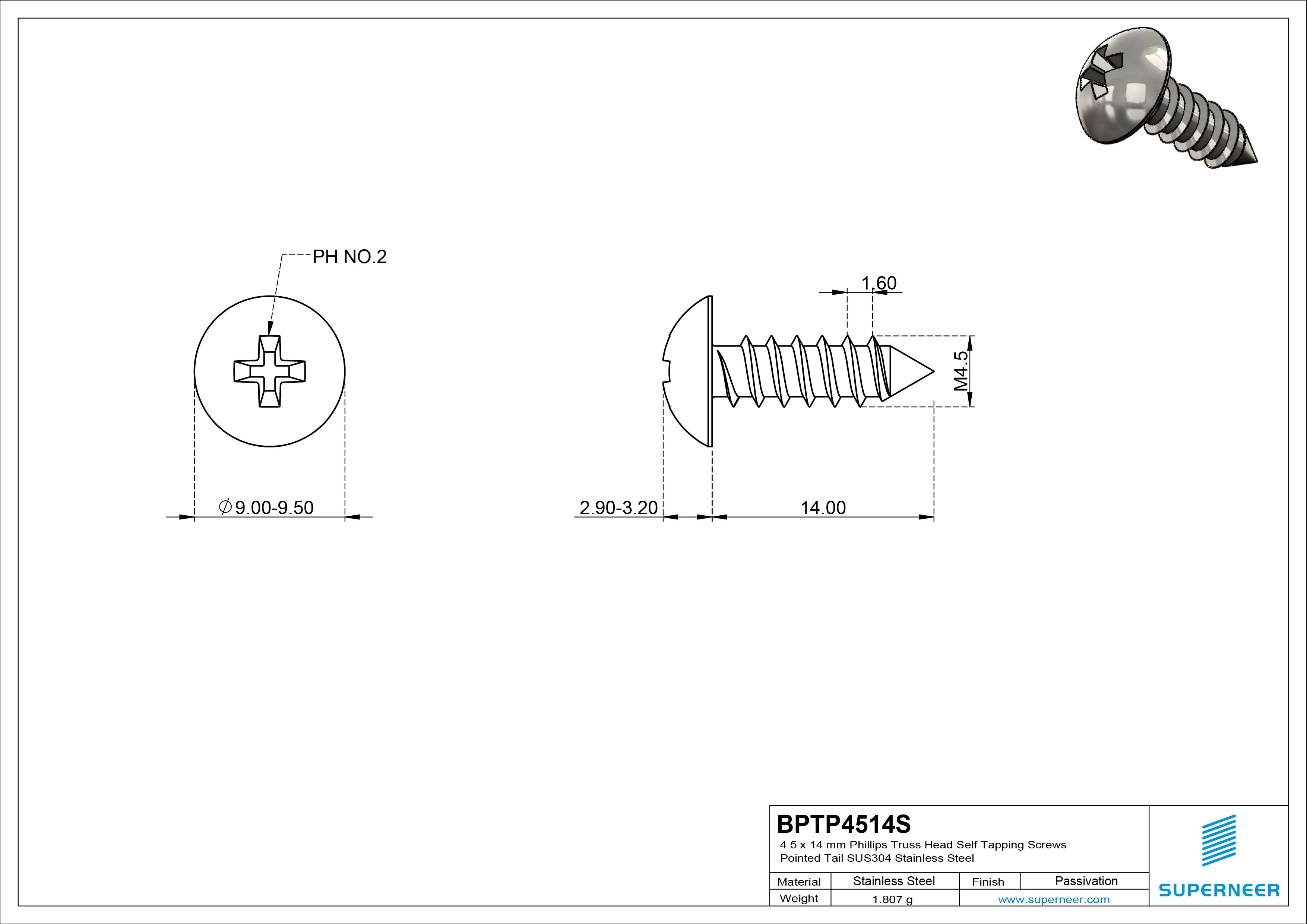 4.5 x 14mm Phillips Truss Head Self Tapping Screws Pointed Tail SUS304 Stainless Steel