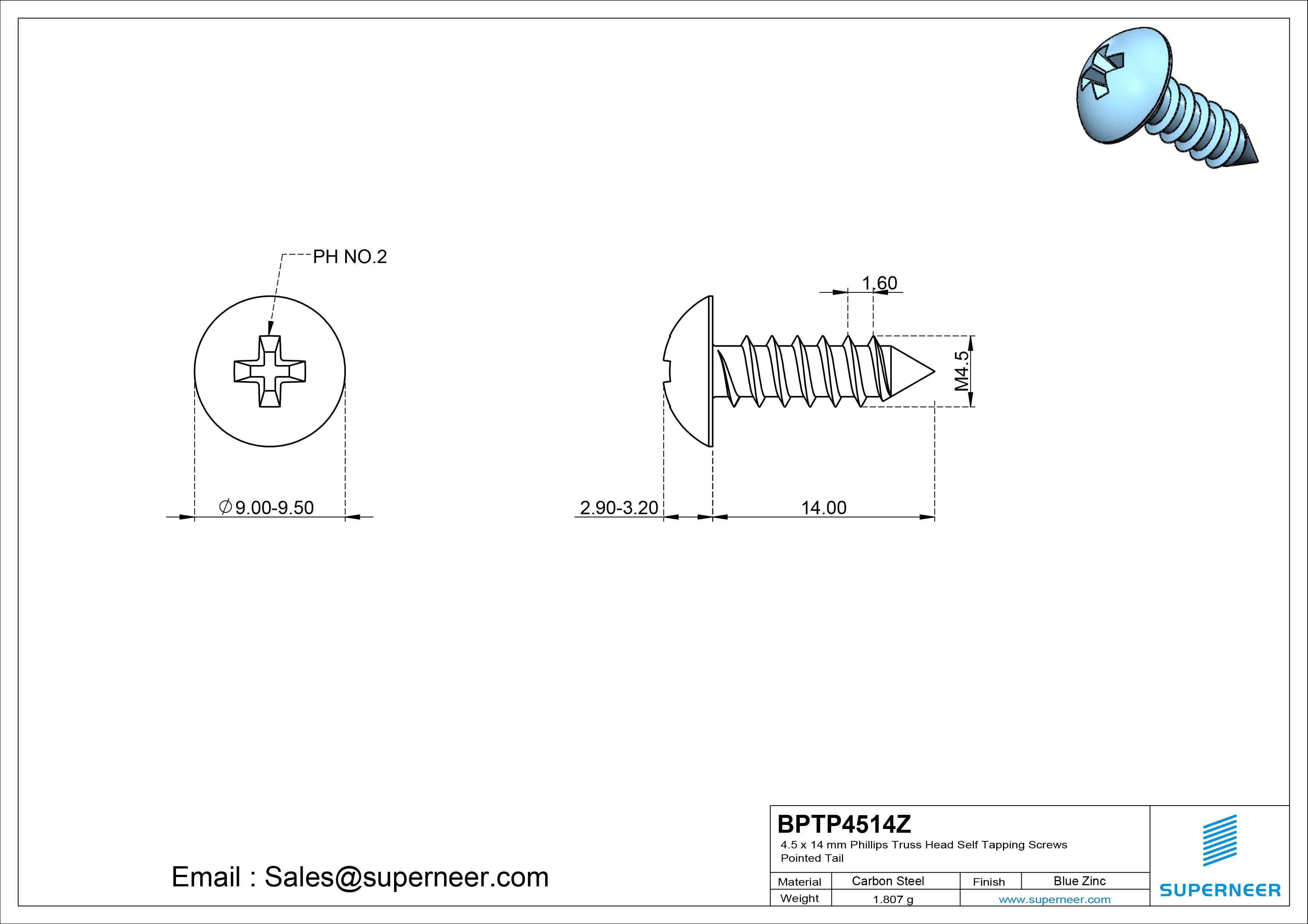 4.5 x 14mm Phillips Truss Head Self Tapping Screws Pointed Tail Steel Blue Zinc Plated