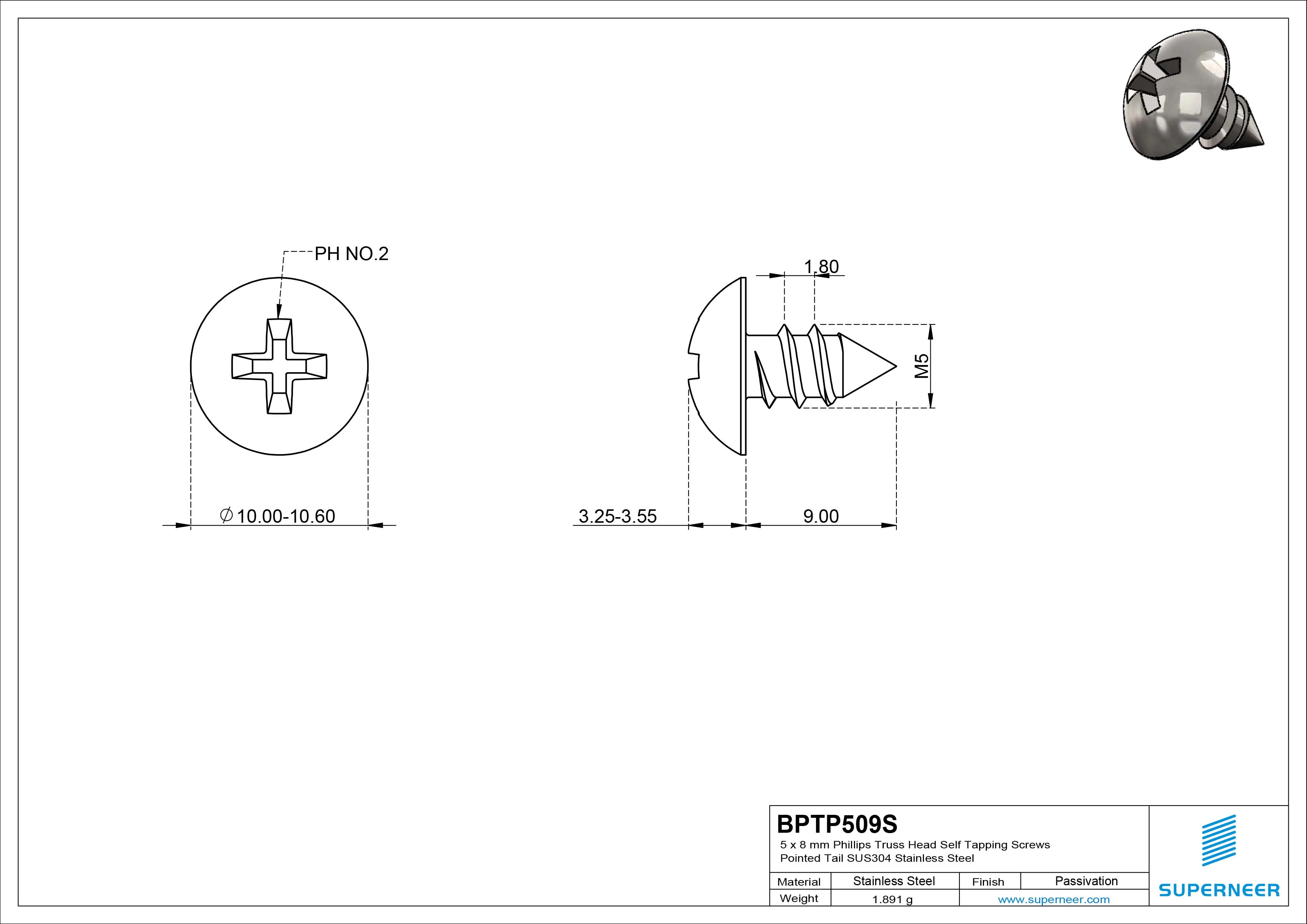 5 x 9mm Phillips Truss Head Self Tapping Screws Pointed Tail SUS304 Stainless Steel