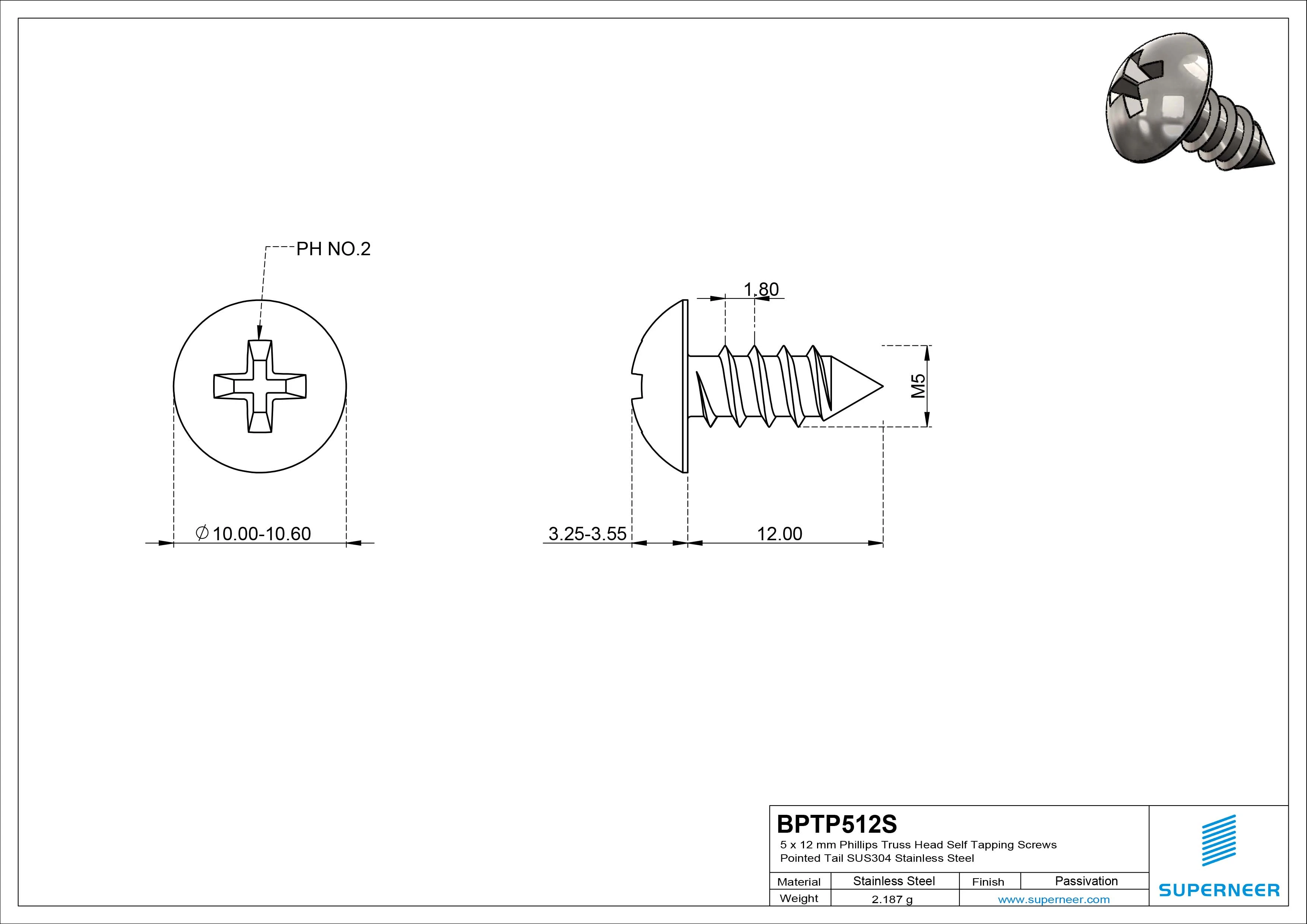 5 x 12mm Phillips Truss Head Self Tapping Screws Pointed Tail SUS304 Stainless Steel