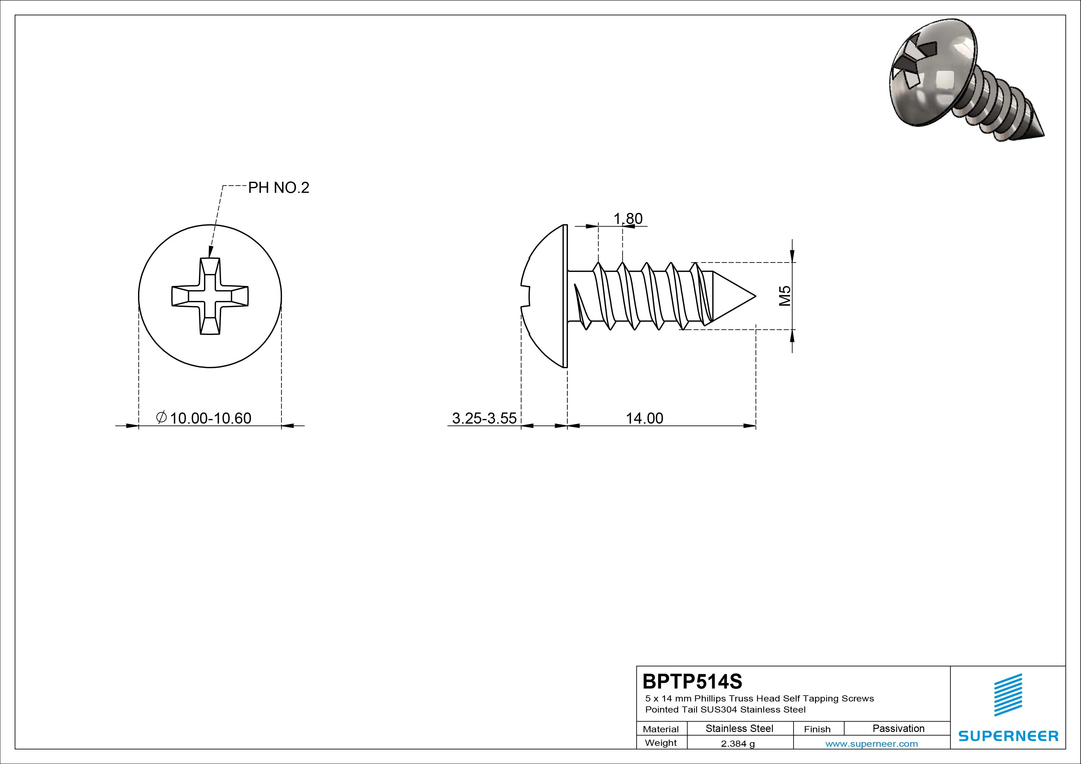 5 x 14mm Phillips Truss Head Self Tapping Screws Pointed Tail SUS304 Stainless Steel