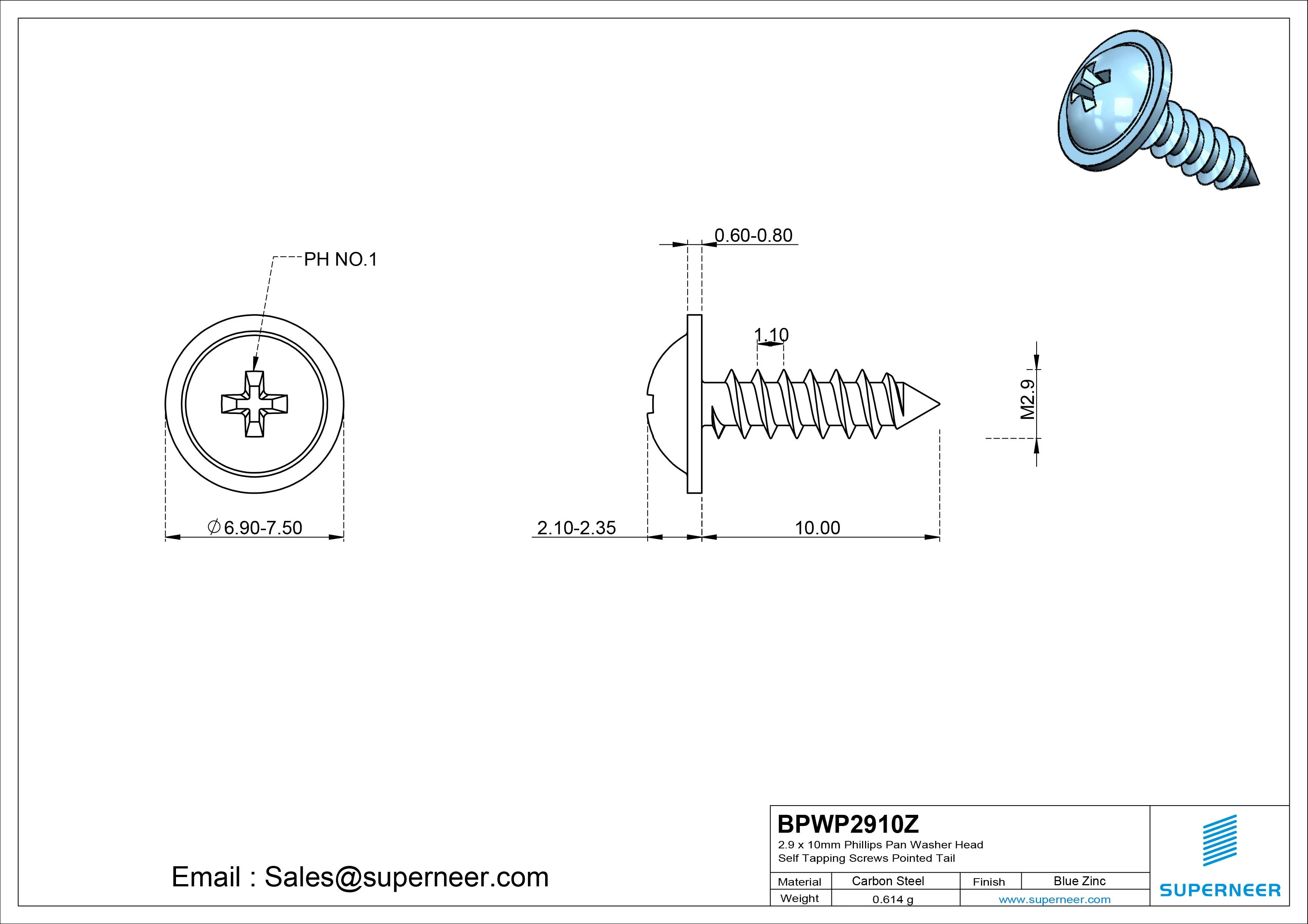 2.9 x 10mm Phillips Pan Washer Head Self Tapping Screws Pointed Tail Steel Blue Zinc Plated