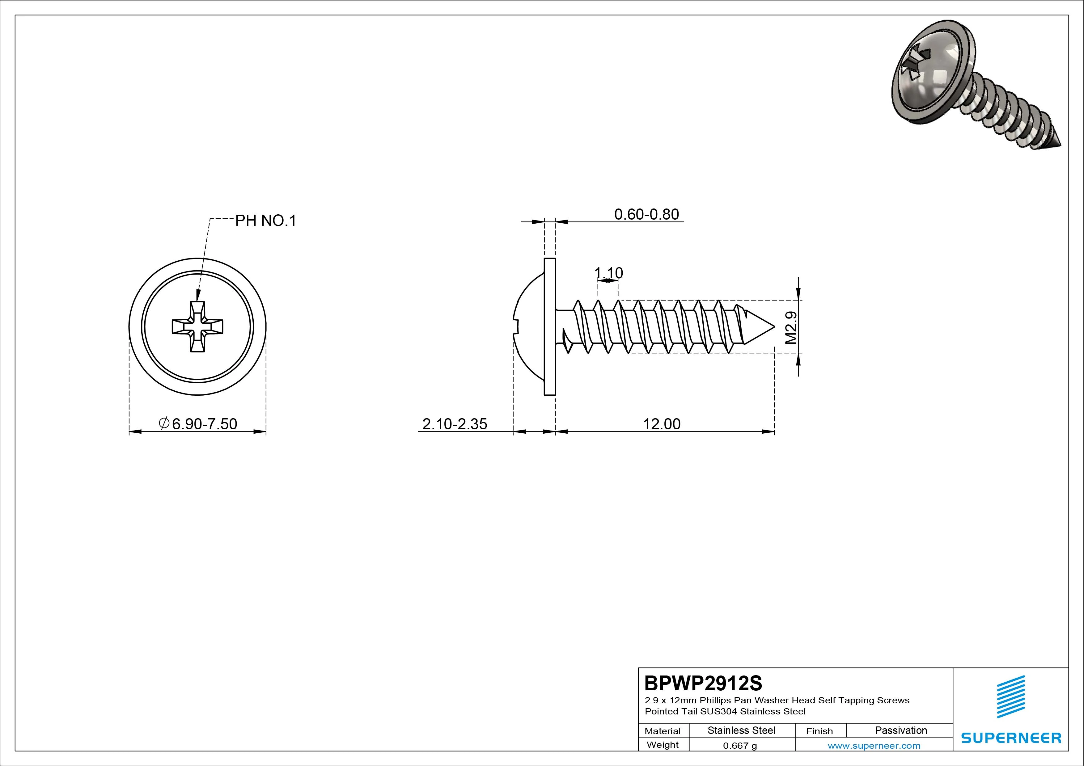 2.9 x 12mm Phillips Pan Washer Head Self Tapping Screws Pointed Tail SUS304 Stainless Steel