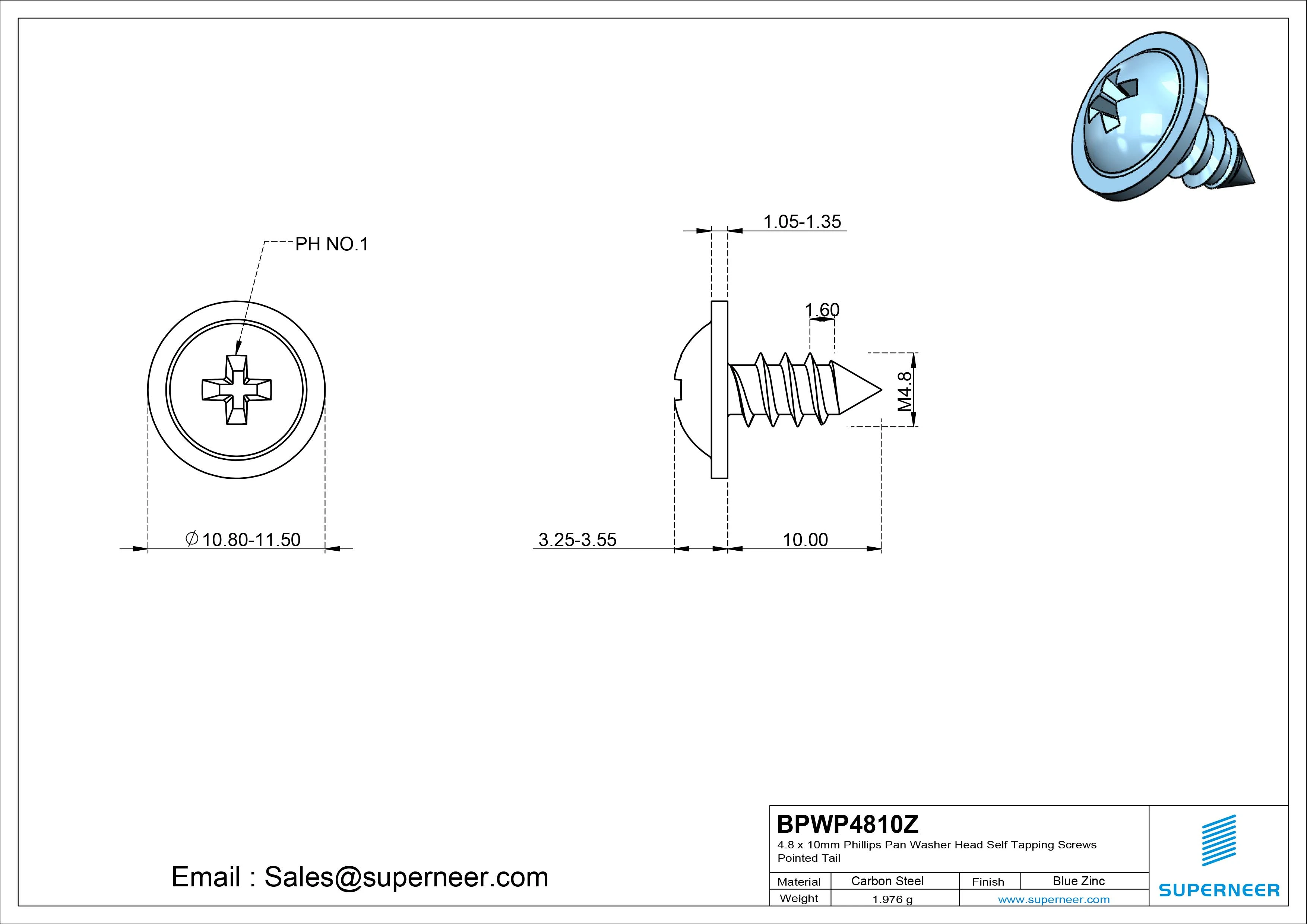 4.8 x 10mm Phillips Pan Washer Head Self Tapping Screws Pointed Tail Steel Blue Zinc Plated