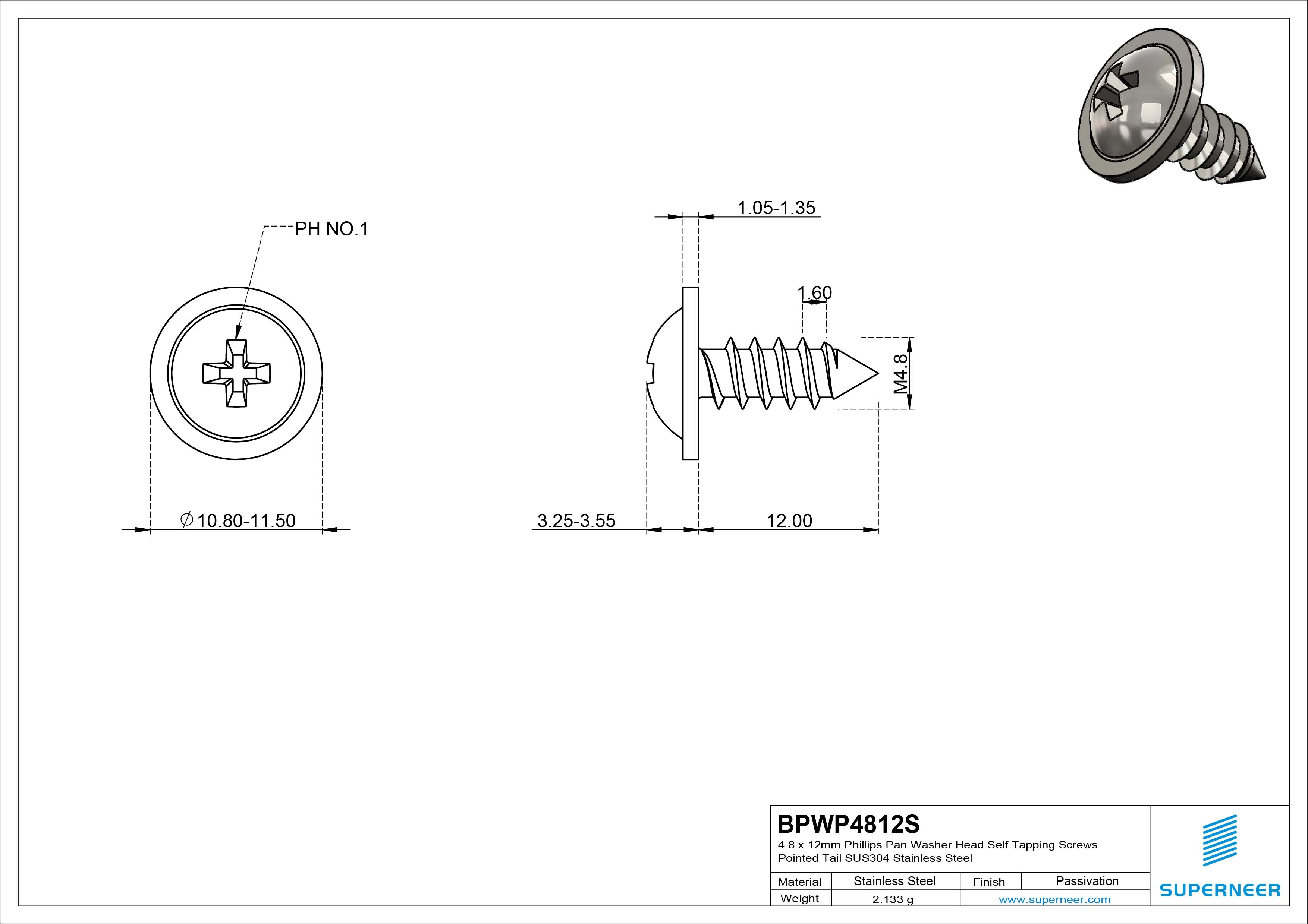 4.8 x 12mm Phillips Pan Washer Head Self Tapping Screws Pointed Tail SUS304 Stainless Steel