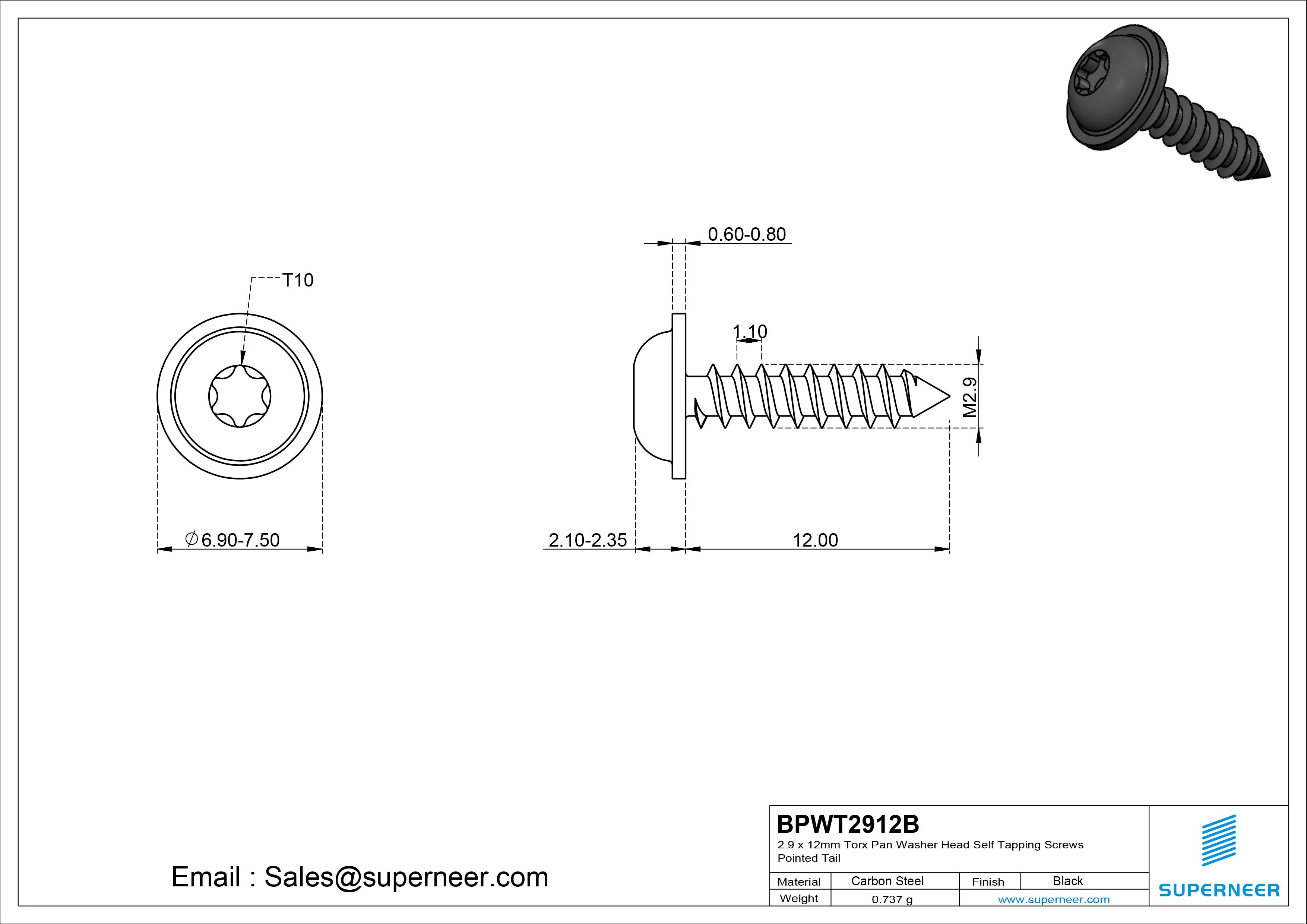 2.9 x 12mm Torx Pan Washer Head Self Tapping Screws Pointed Tail Steel Black Zinc Plated