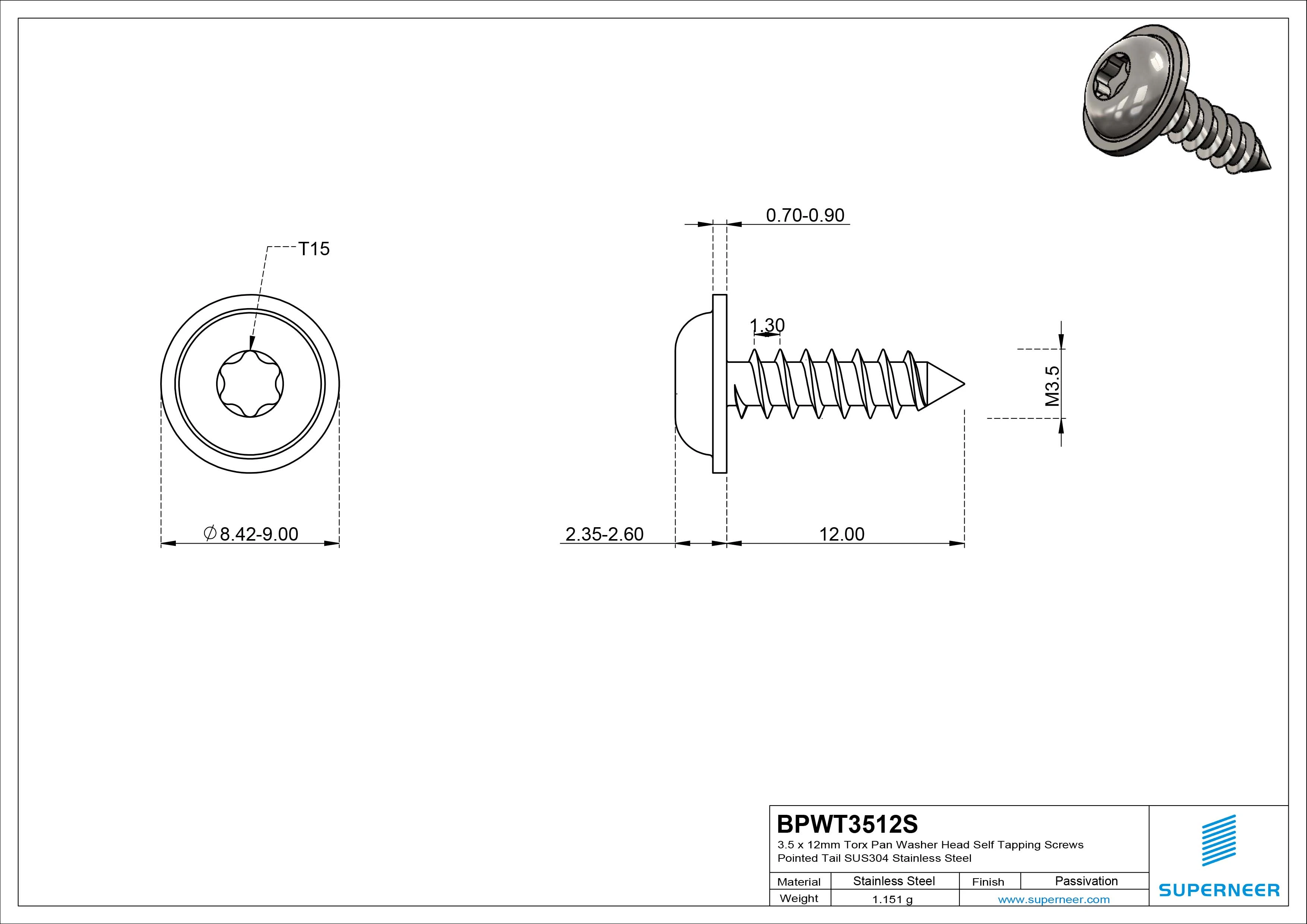 3.5 x 12mm Torx Pan Washer Head Self Tapping Screws Pointed Tail SUS304 Stainless Steel