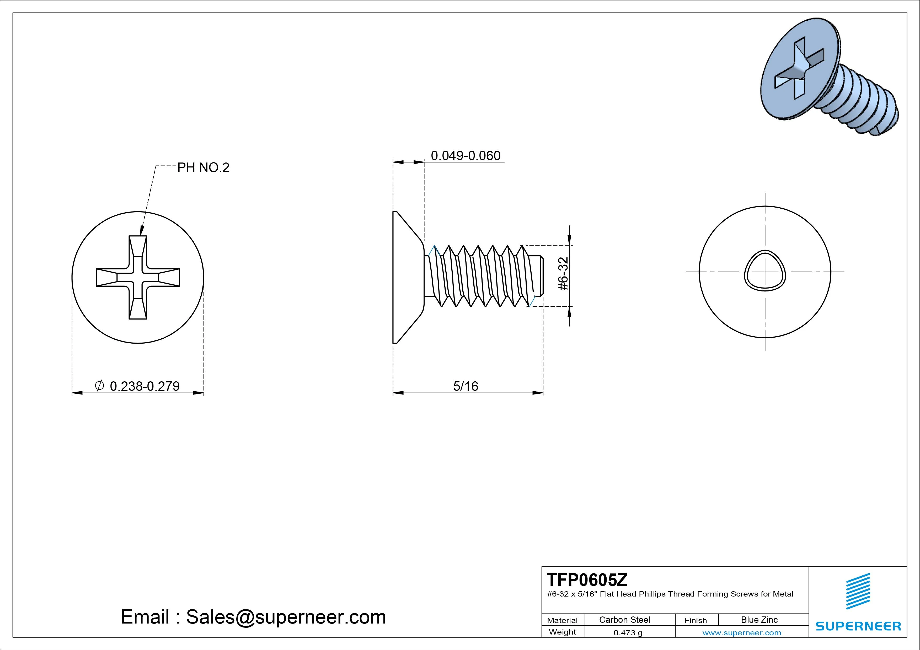 6-32 × 5/16 Flat Head Phillips Thread Forming  Screws for Metal  Steel Blue Zinc Plated