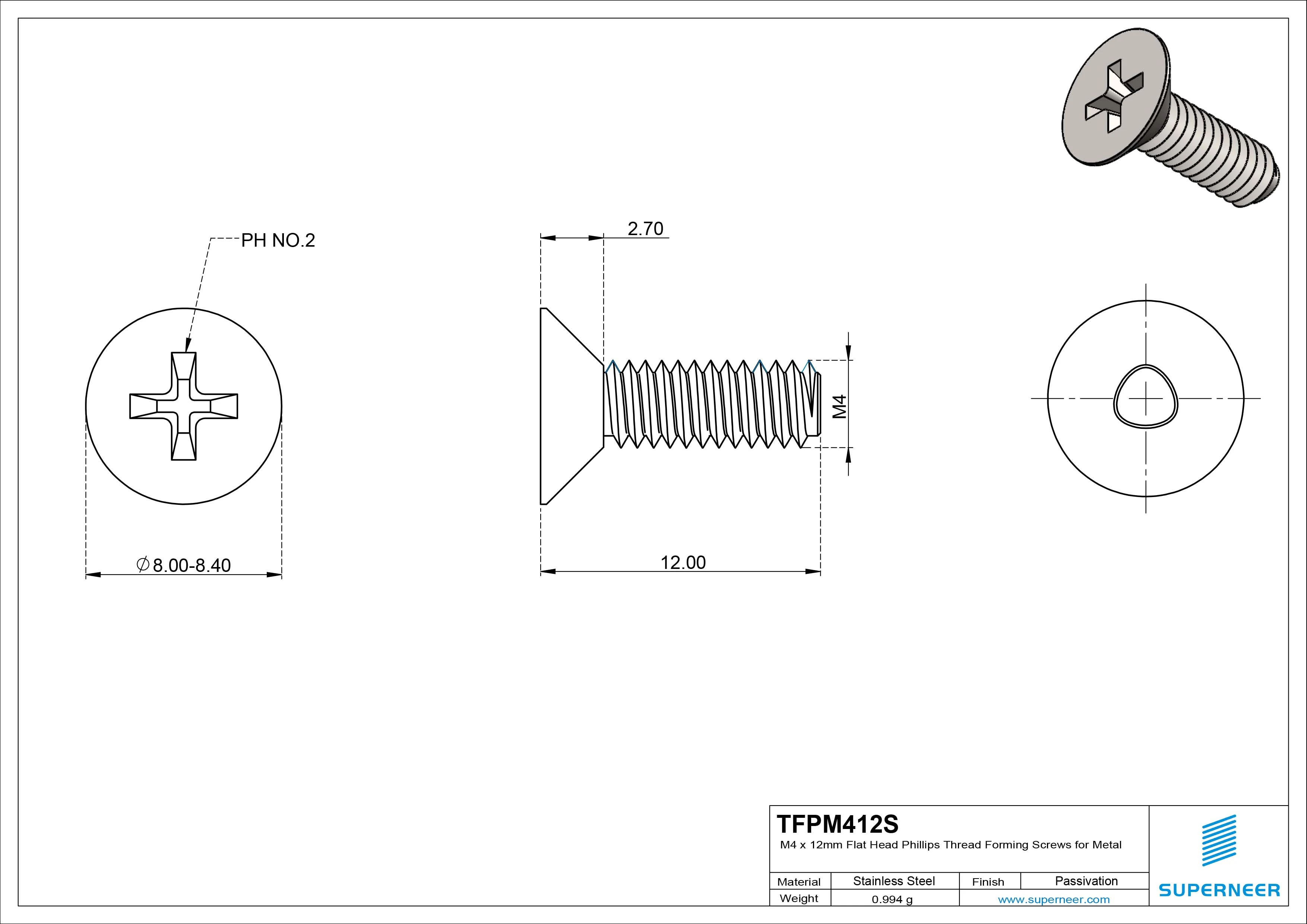 M4 × 12mm Flat Head Phillips Thread Forming Screws for Metal SUS304 Stainless Steel Inox