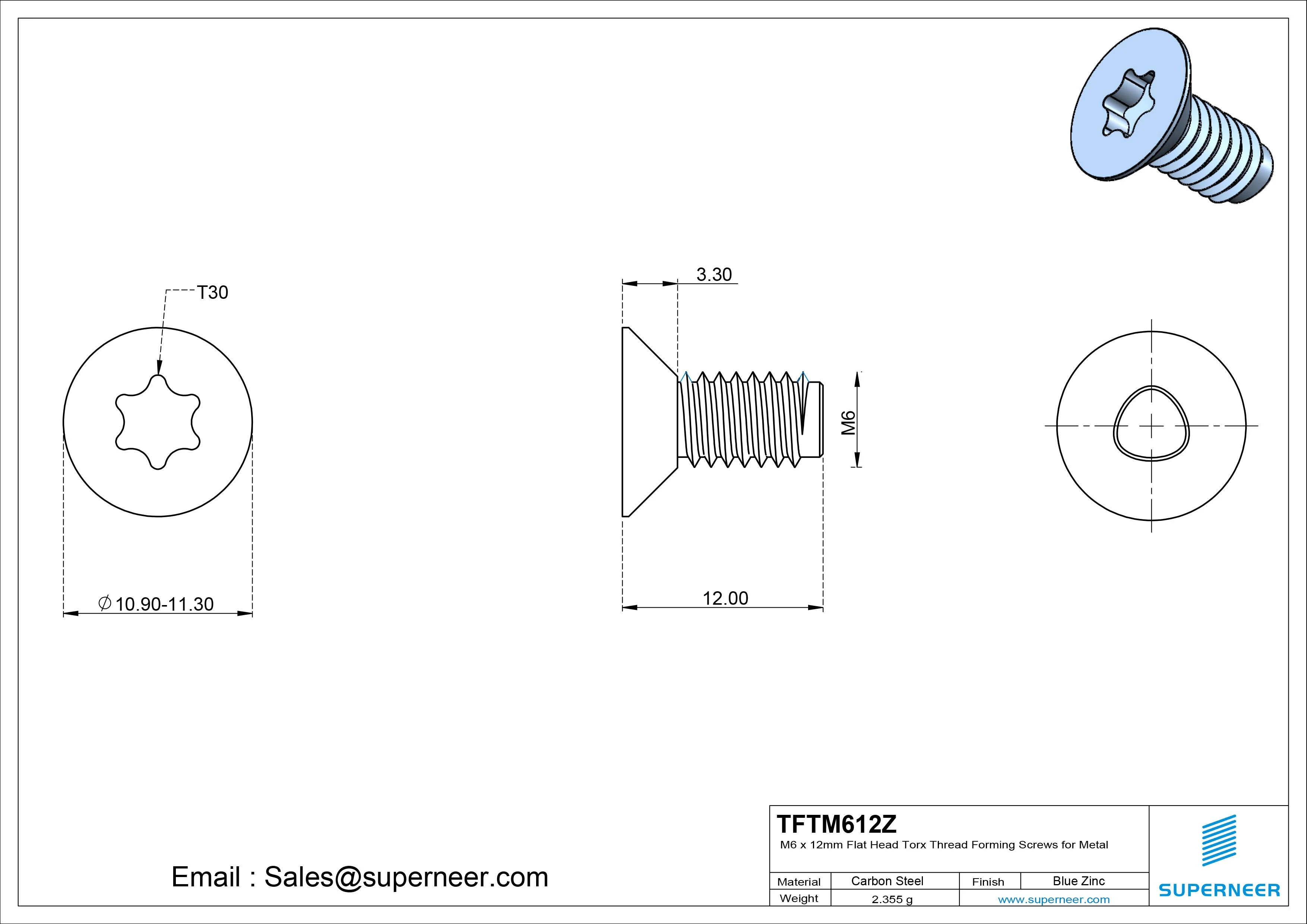 M6 &times; 12mm Flat Head Torx Thread Forming Screws for Metal Steel Blue Zinc Plated
