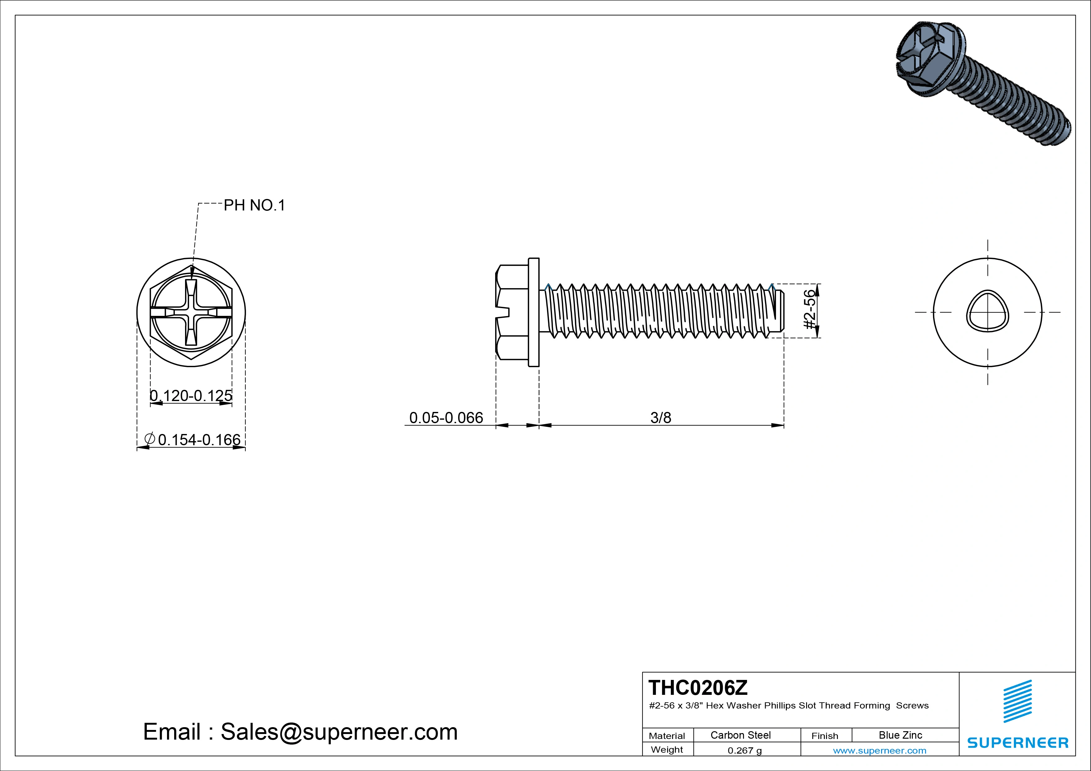 2-56 × 3/8 Hex Washer Phillips Slot Thread Forming  Screws for Metal  Steel Blue Zinc Plated
