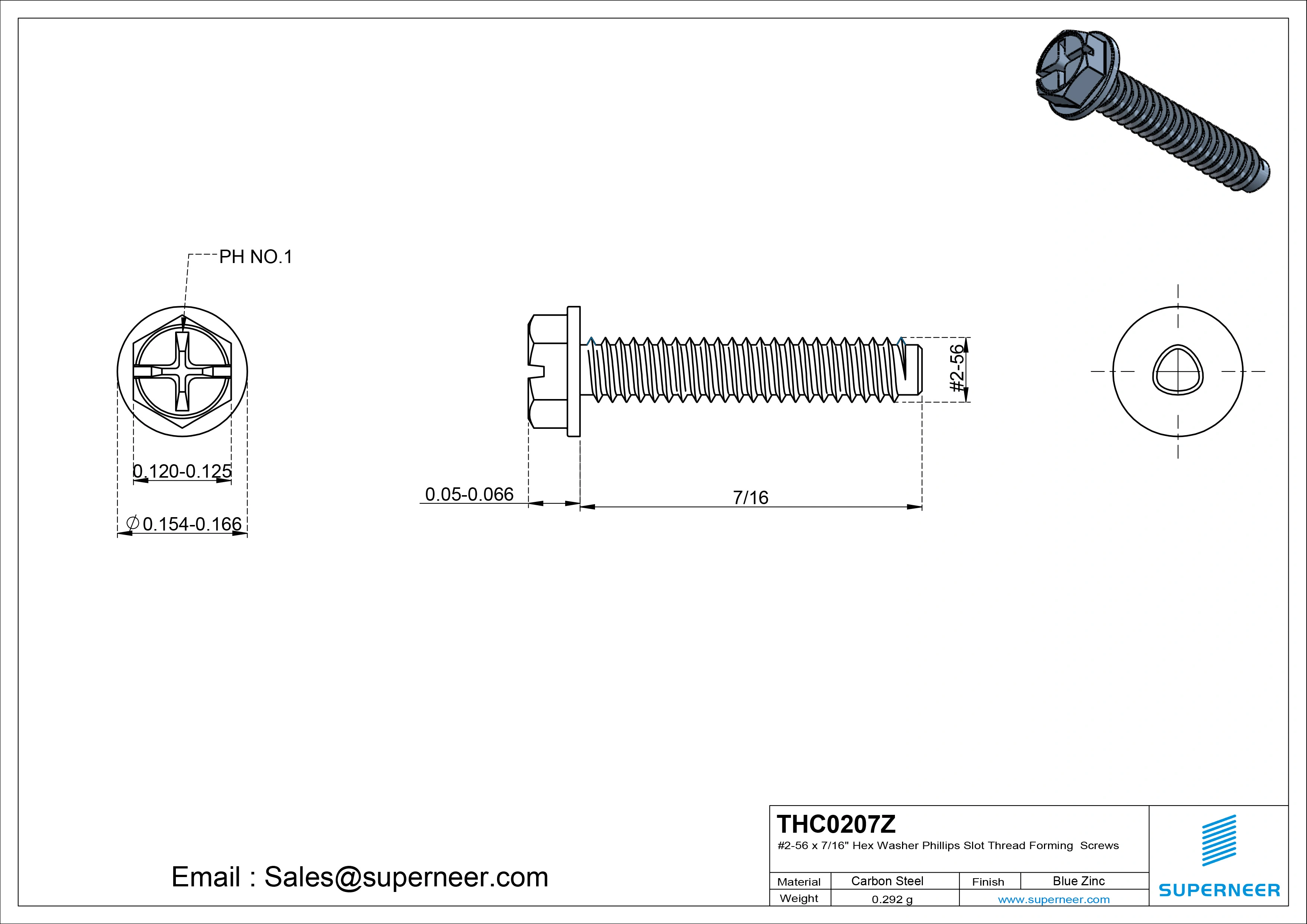 2-56 × 7/16 Hex Washer Phillips Slot Thread Forming  Screws for Metal  Steel Blue Zinc Plated