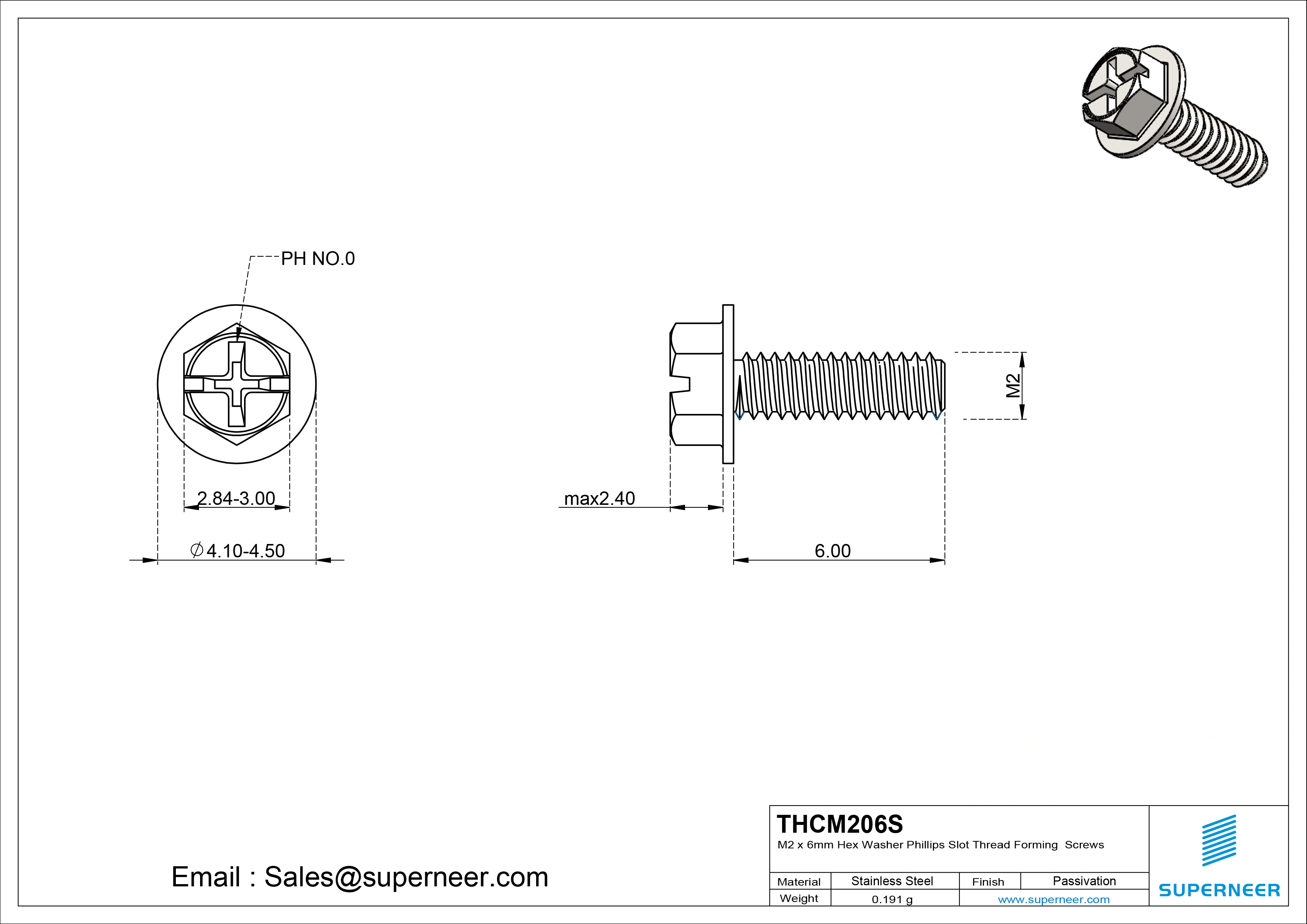 M2 × 6mm Indented Hex Washer Phillips Slot Thread Forming Screws for Metal SUS304 Stainless Steel Inox