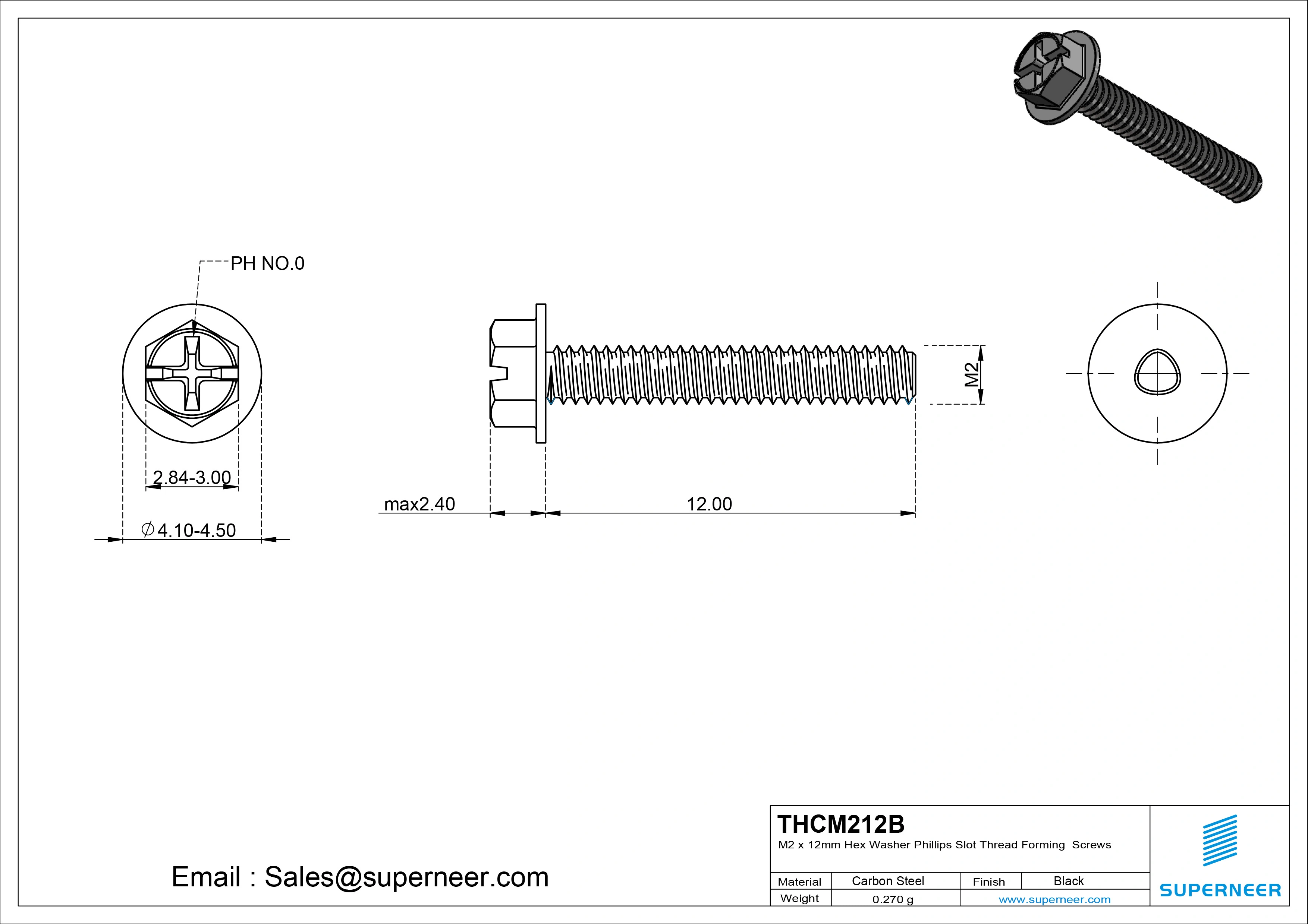 M2 &times; 12mm Indented Hex Washer Phillips Slot Thread Forming Screws for Metal Steel Black
