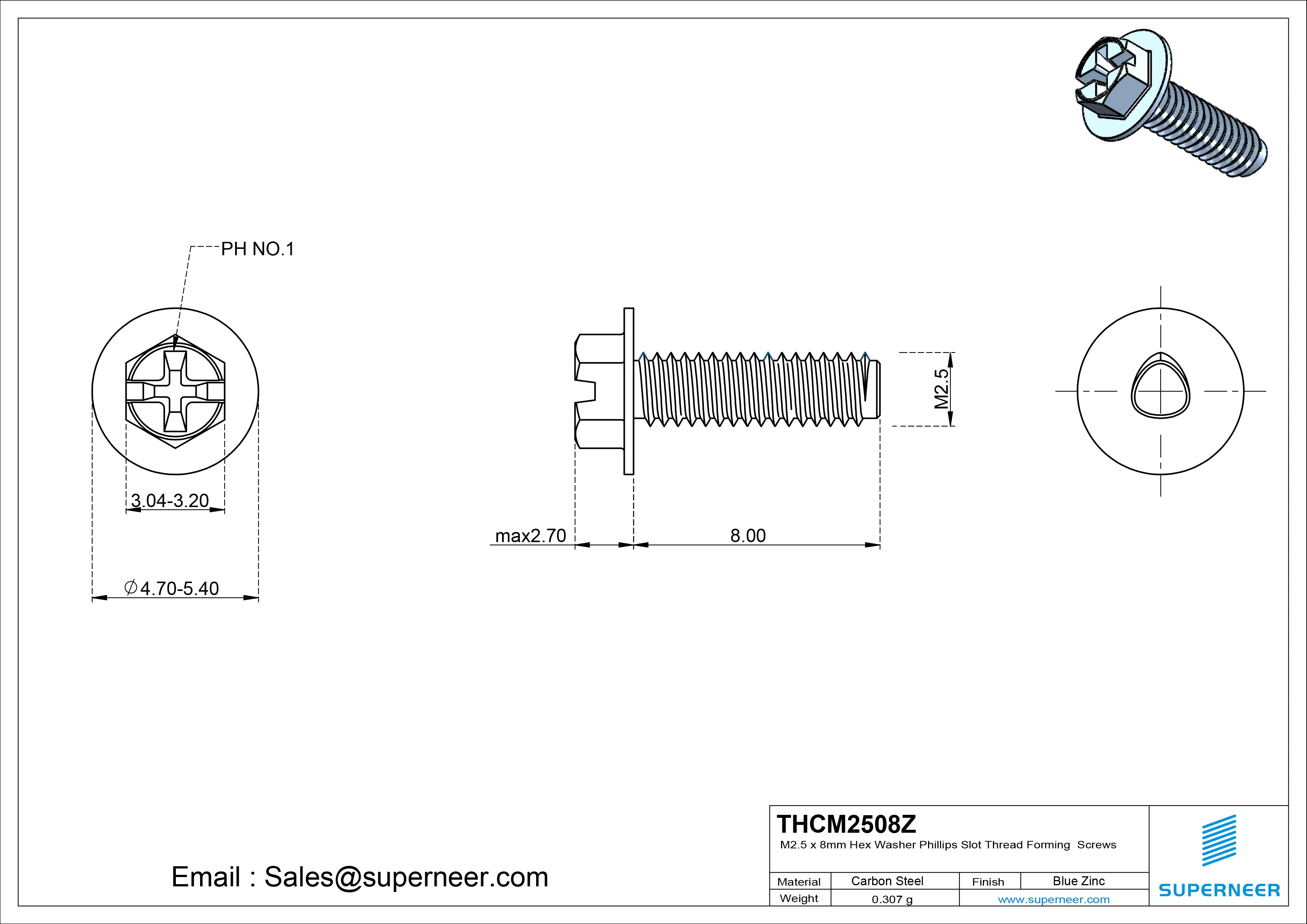 M2.5 × 8mm Indented Hex Washer Phillips Slot Thread Forming Screws for Metal Steel Blue Zinc Plated