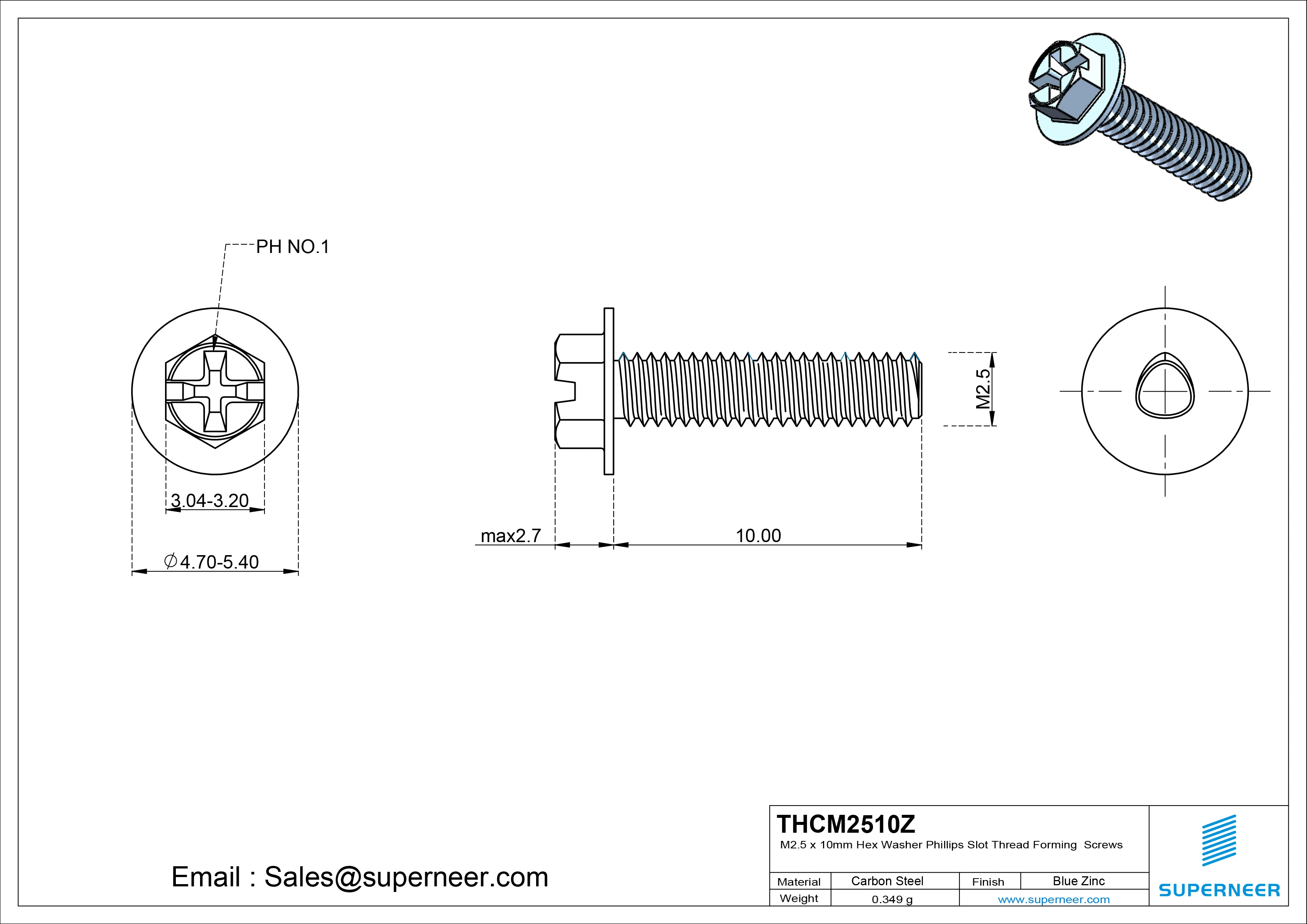M2.5 × 10mm Indented Hex Washer Phillips Slot Thread Forming Screws for Metal Steel Blue Zinc Plated