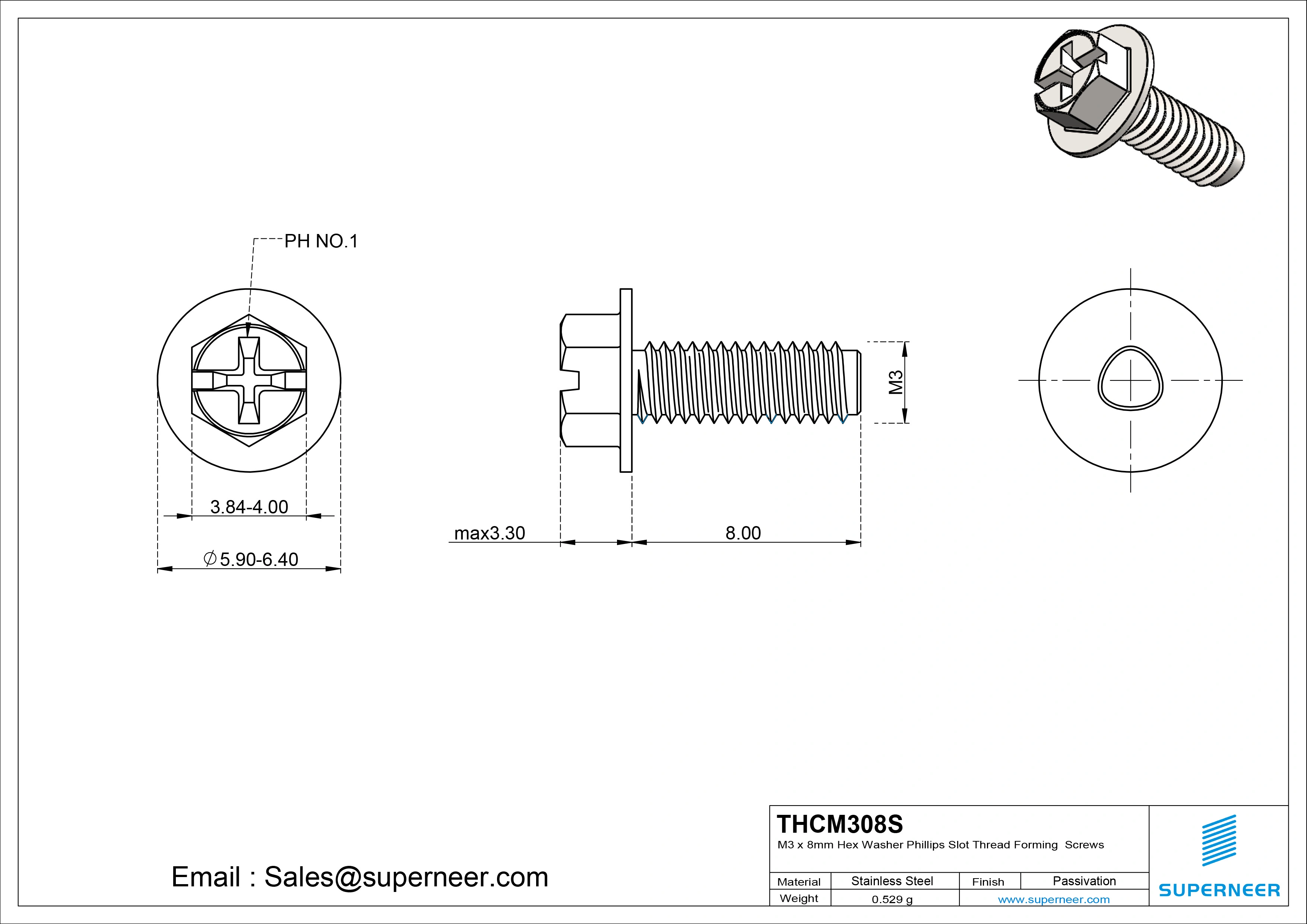 M3 × 8mm Indented Hex Washer Phillips Slot Thread Forming Screws for Metal SUS304 Stainless Steel Inox