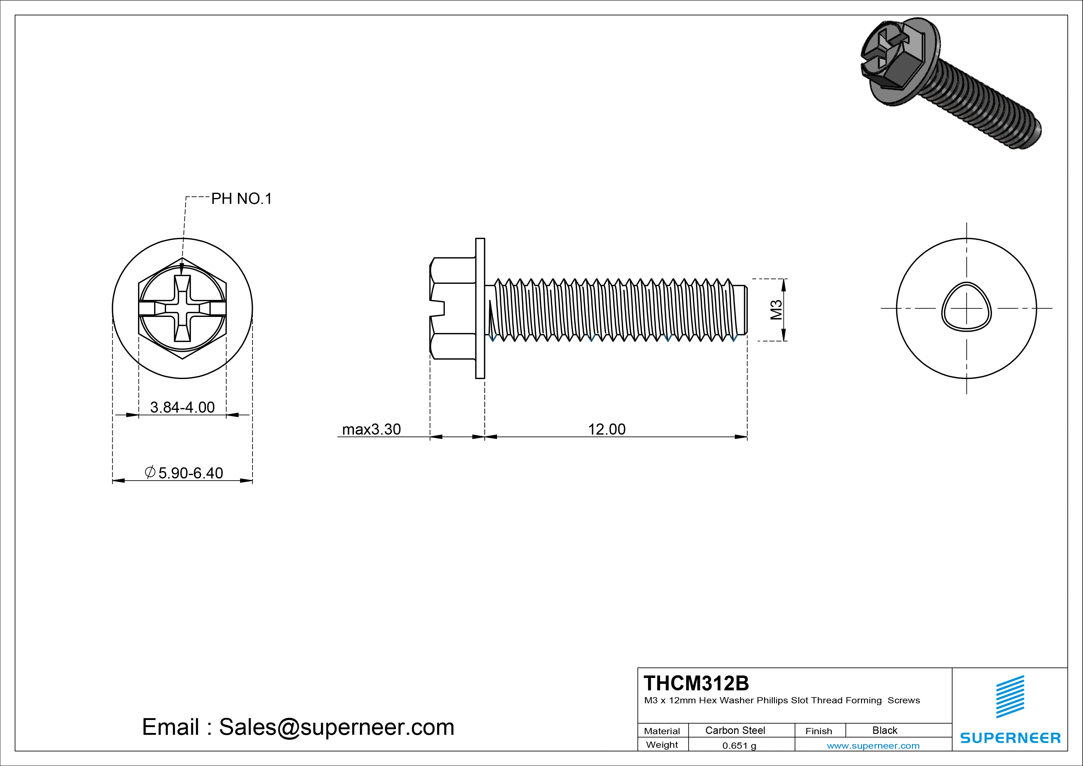 M3 &times; 12mm Indented Hex Washer Phillips Slot Thread Forming Screws for Metal Steel Black