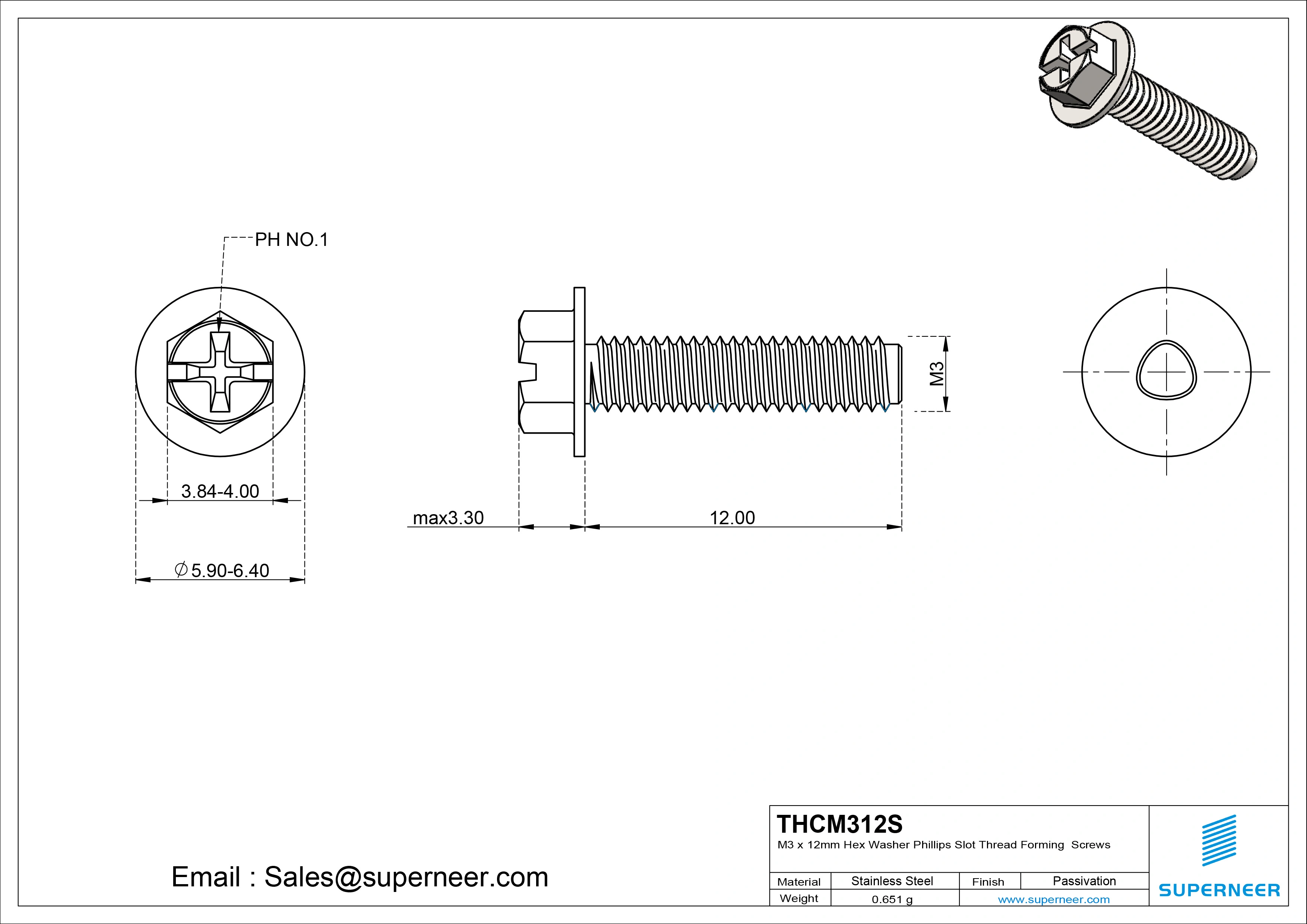 M3 × 12mm Indented Hex Washer Phillips Slot Thread Forming Screws for Metal SUS304 Stainless Steel Inox