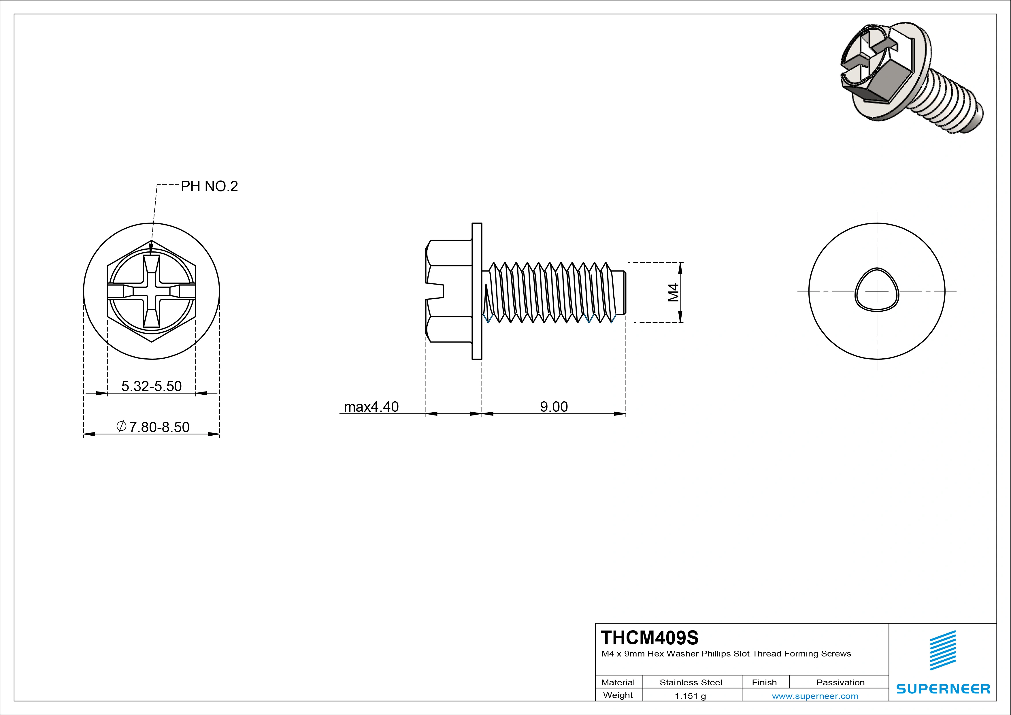 M4 × 9mm Indented Hex Washer Phillips Slot Thread Forming Screws for Metal SUS304 Stainless Steel Inox
