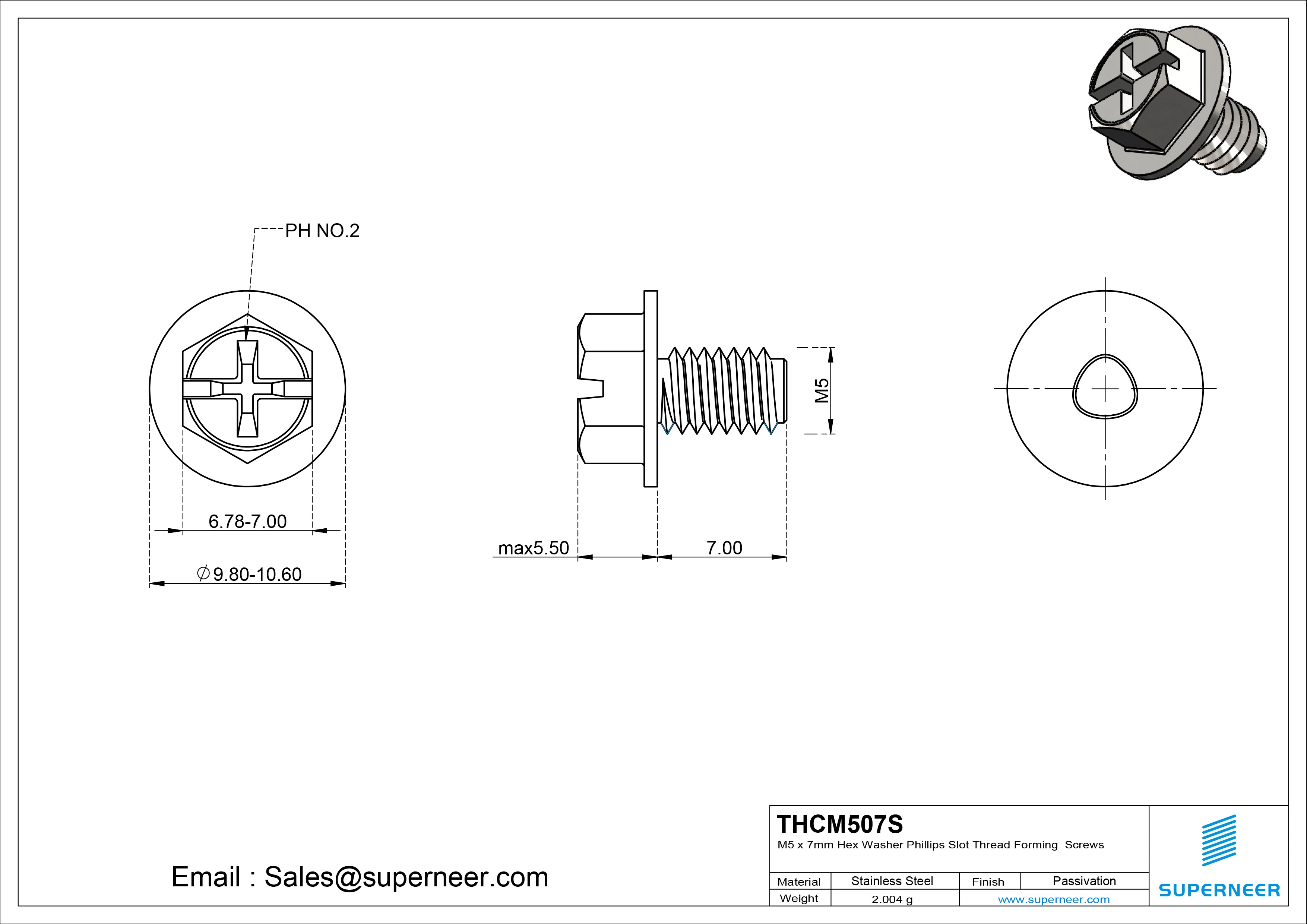 M5 × 7mm Indented Hex Washer Phillips Slot Thread Forming Screws for Metal SUS304 Stainless Steel Inox