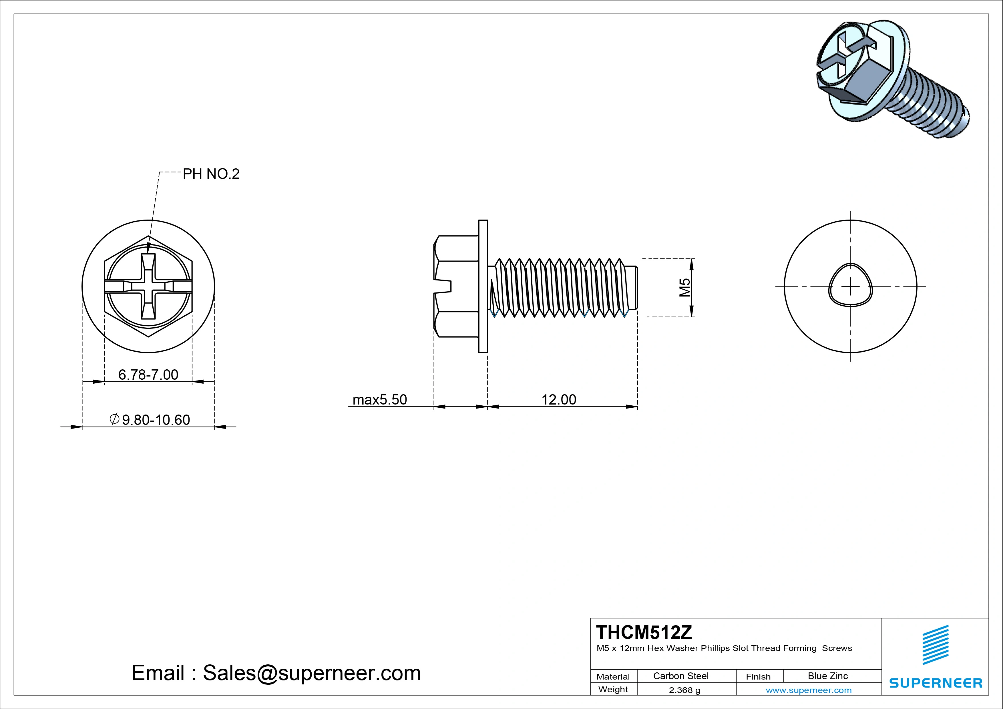M5 × 12mm Indented Hex Washer Phillips Slot Thread Forming Screws for Metal Steel Blue Zinc Plated