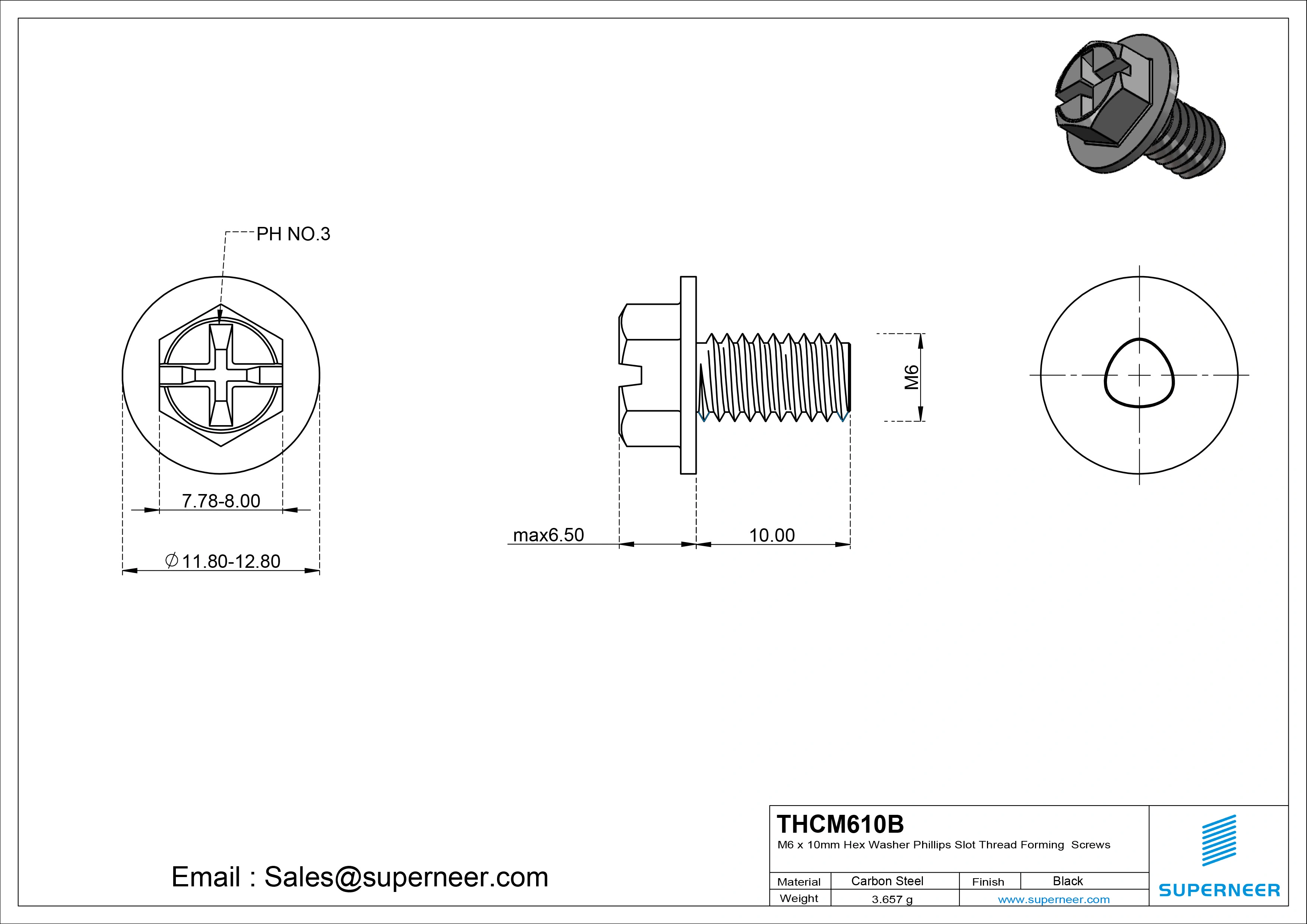 M6 × 10mm Indented Hex Washer Phillips Slot Thread Forming Screws for Metal Steel Black