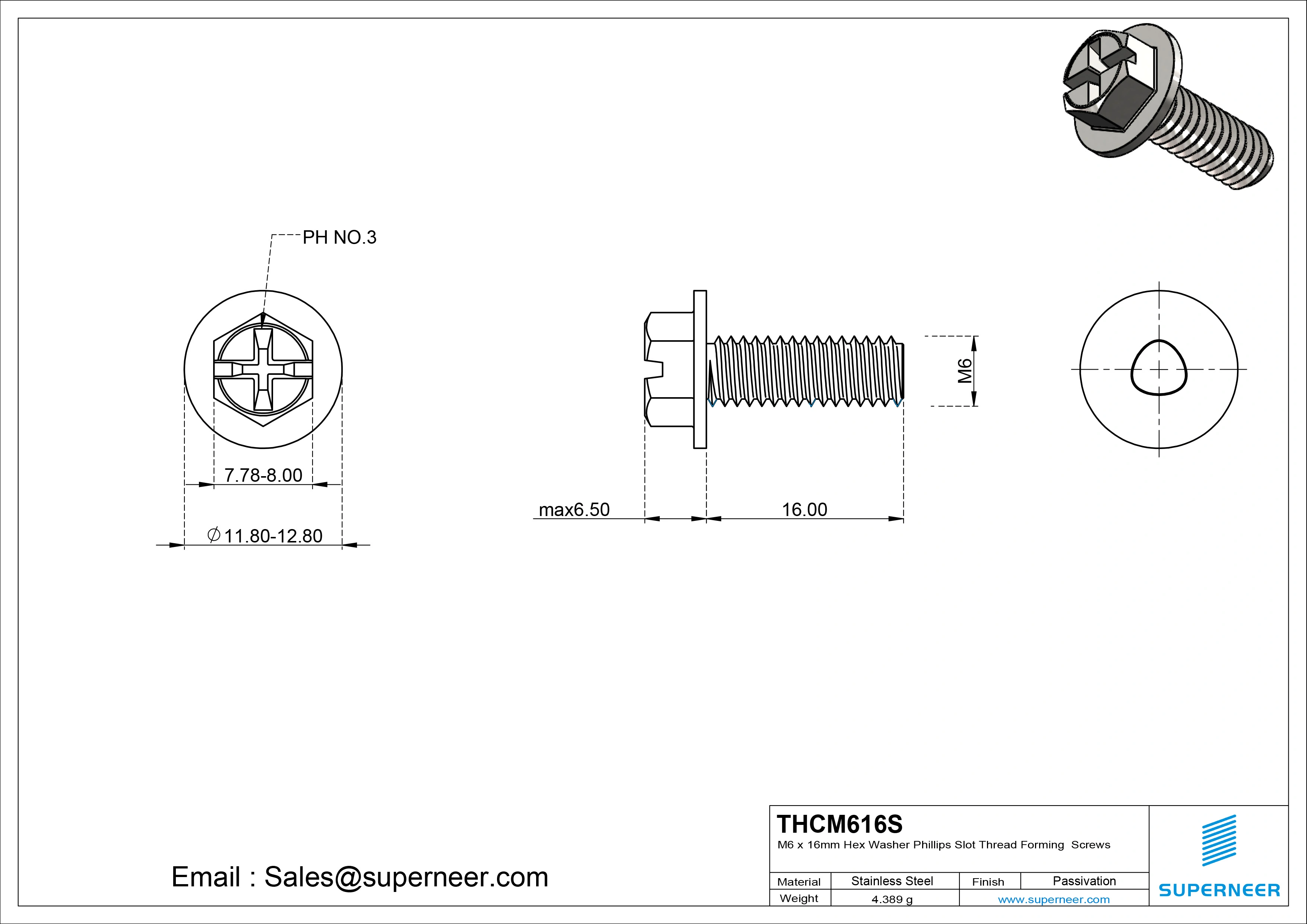 M6 × 16mm Indented Hex Washer Phillips Slot Thread Forming Screws for Metal SUS304 Stainless Steel Inox