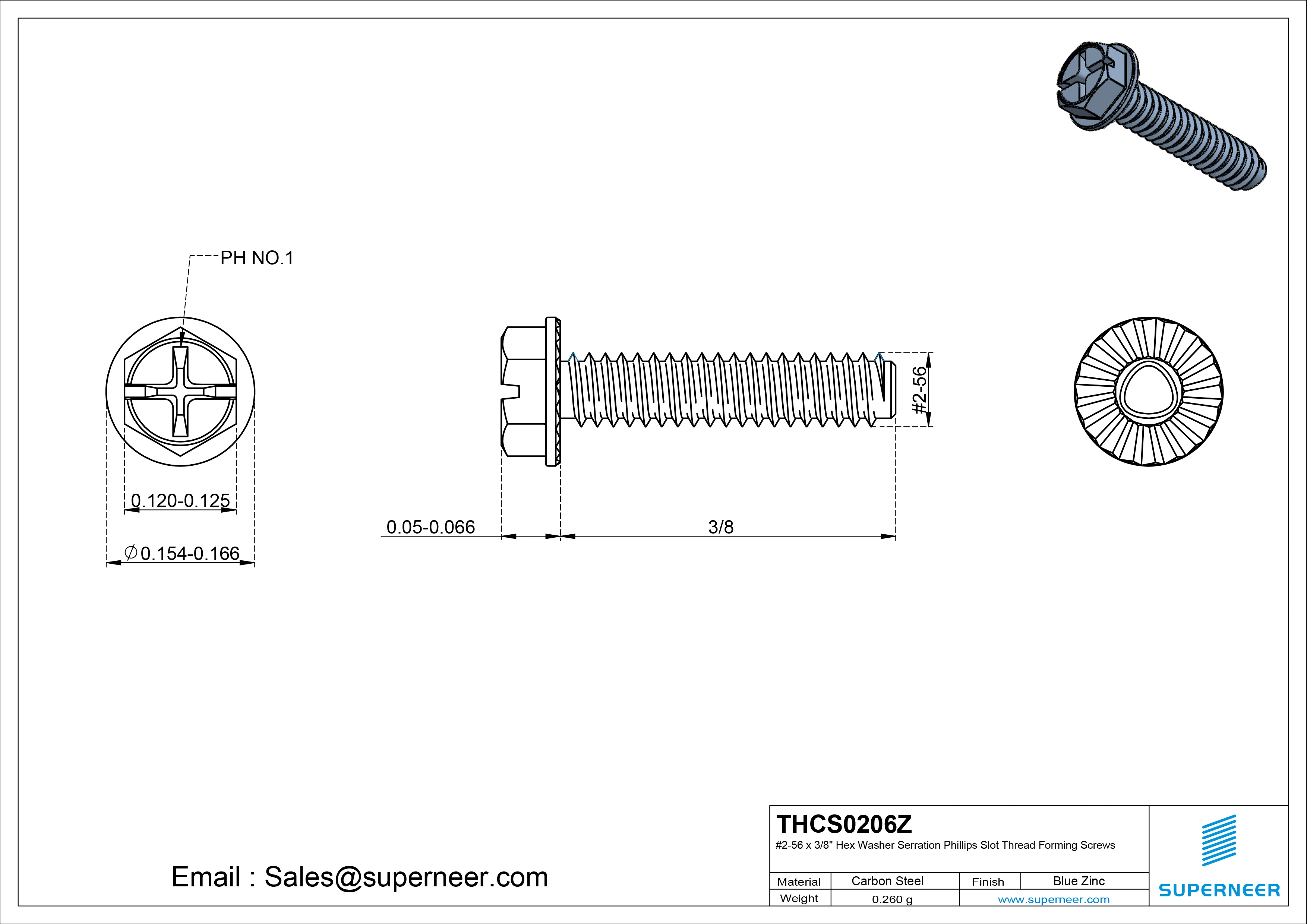2-56 × 3/8 Hex Washer Serration Phillips Slot Thread Forming  Screws for Metal  Steel Blue Zinc Plated