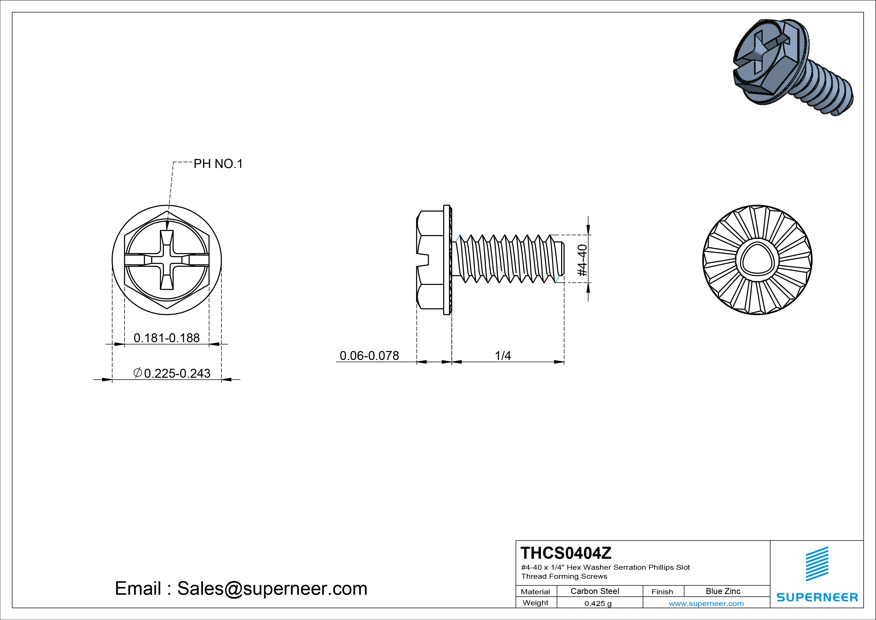 4-40 × 1/4 Hex Washer Serration Phillips Slot Thread Forming  Screws for Metal  Steel Blue Zinc Plated