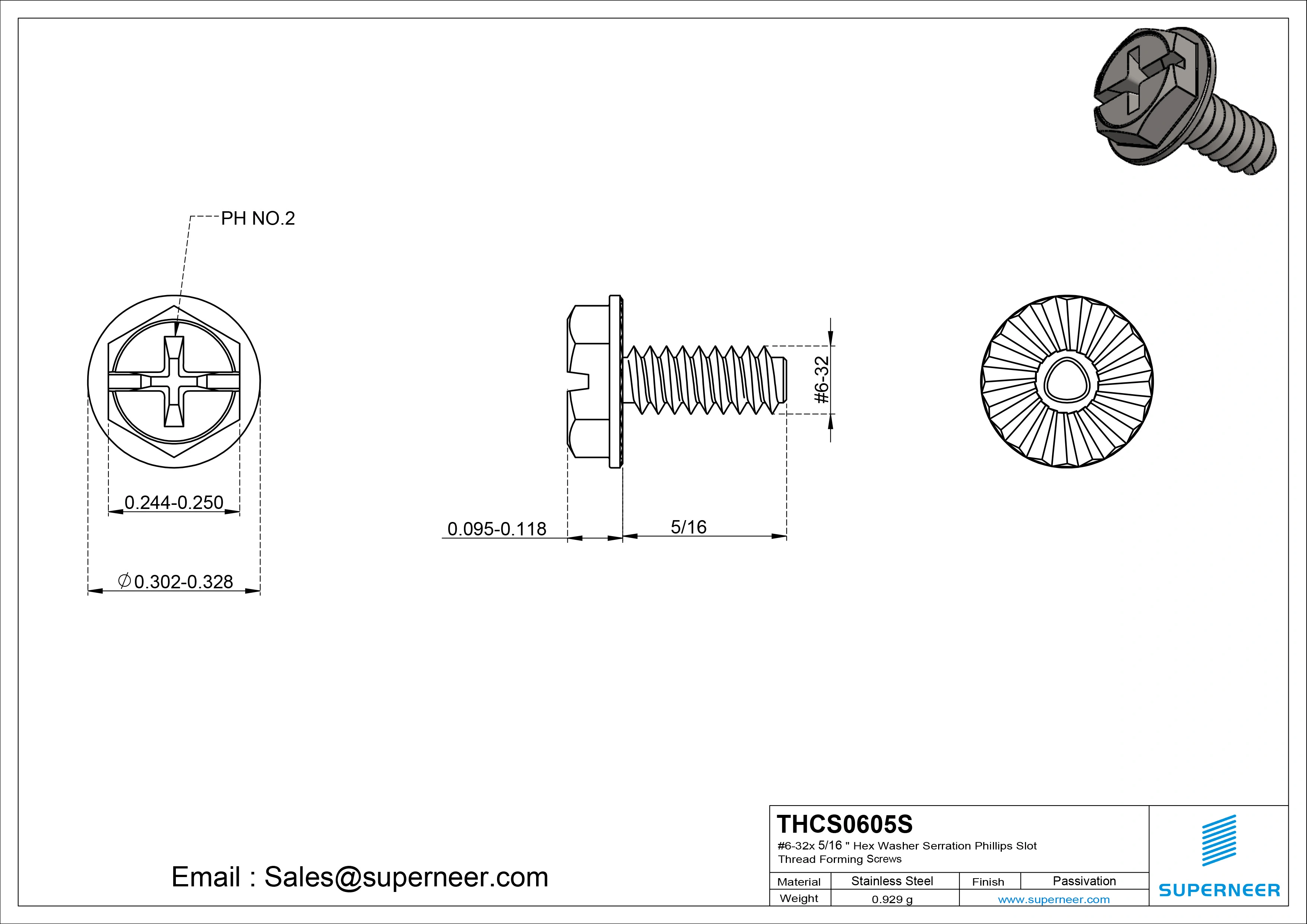 6-32 × 5/16 Hex Washer Serration Phillips Slot Thread Forming  Screws for Metal  SUS304 Stainless Steel Inox
