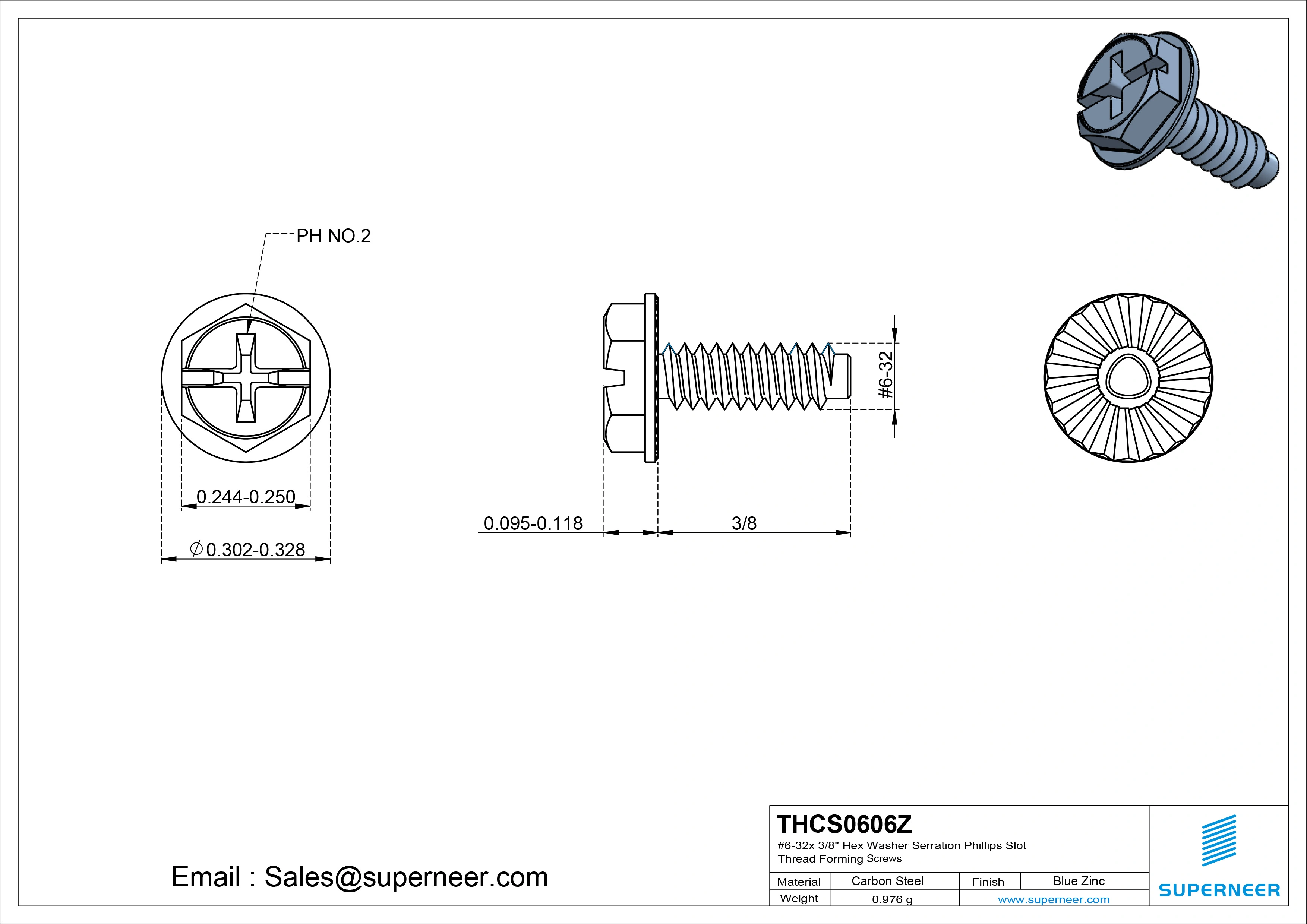 6-32 × 3/8 Hex Washer Serration Phillips Slot Thread Forming  Screws for Metal  Steel Blue Zinc Plated
