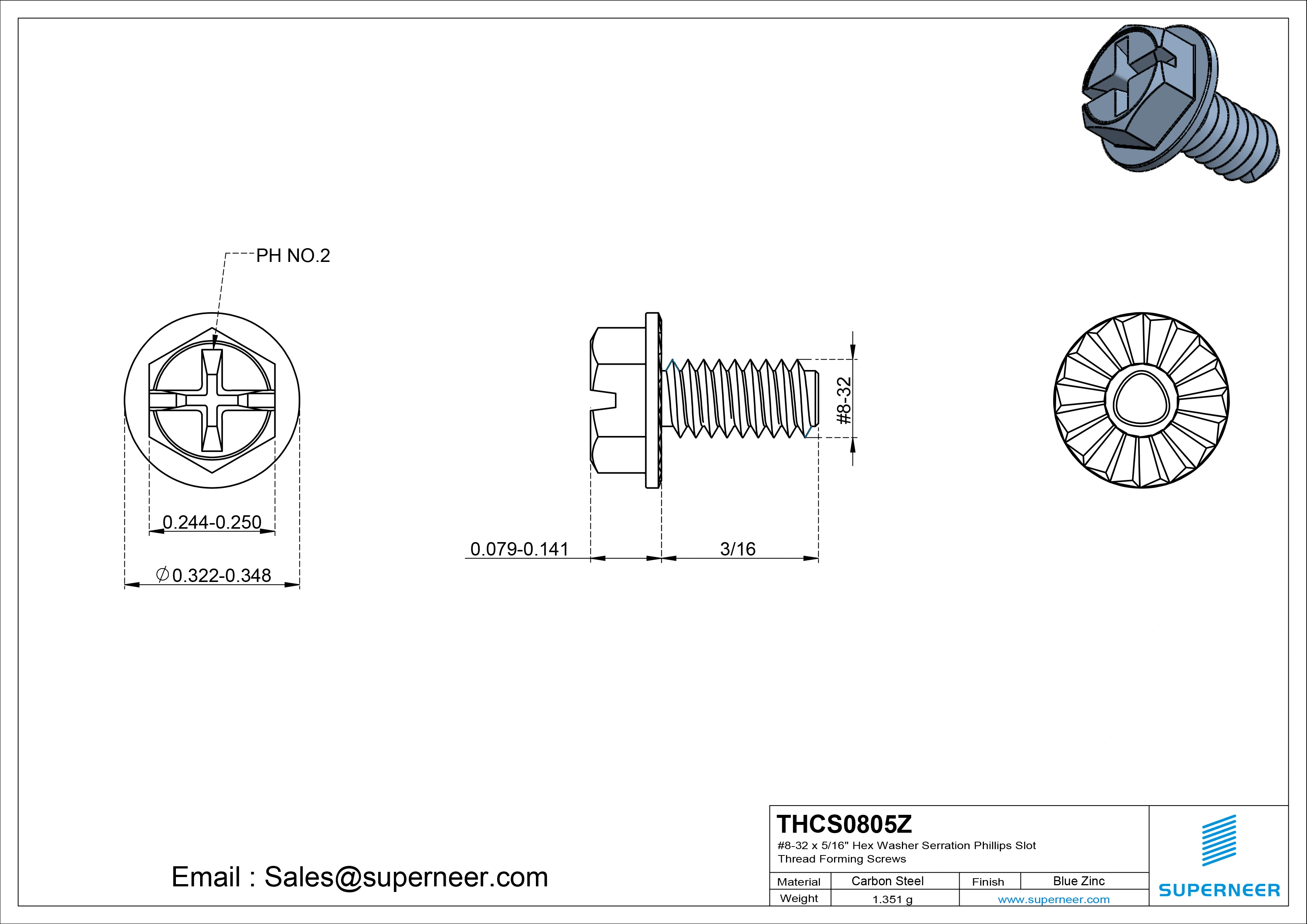 8-32 × 5/16 Hex Washer Serration Phillips Slot Thread Forming  Screws for Metal  Steel Blue Zinc Plated
