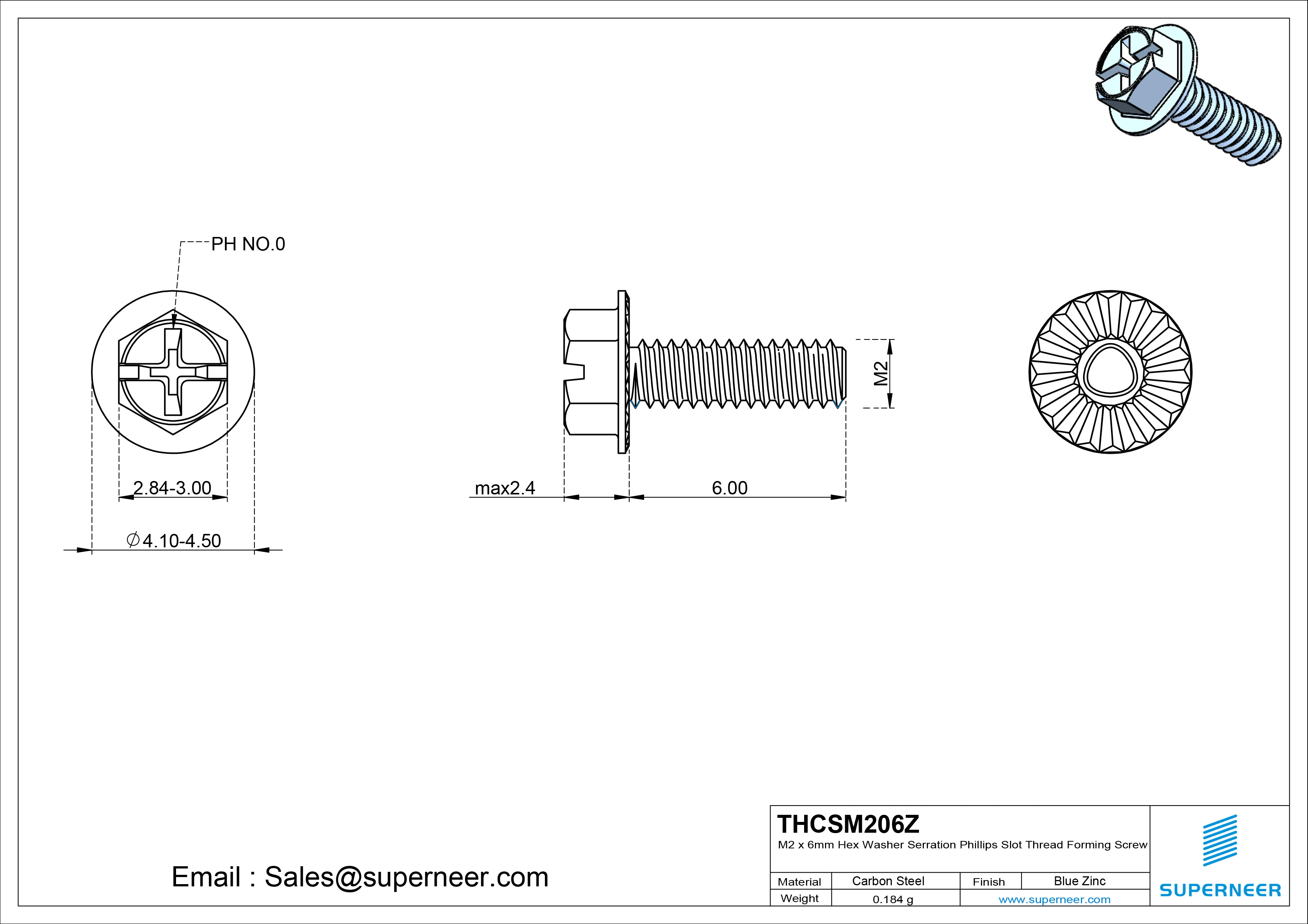 M2 × 6mm Indented Hex Washer Serrattion Phillips Slot Thread Forming Screws for Metal Steel Blue Zinc Plated