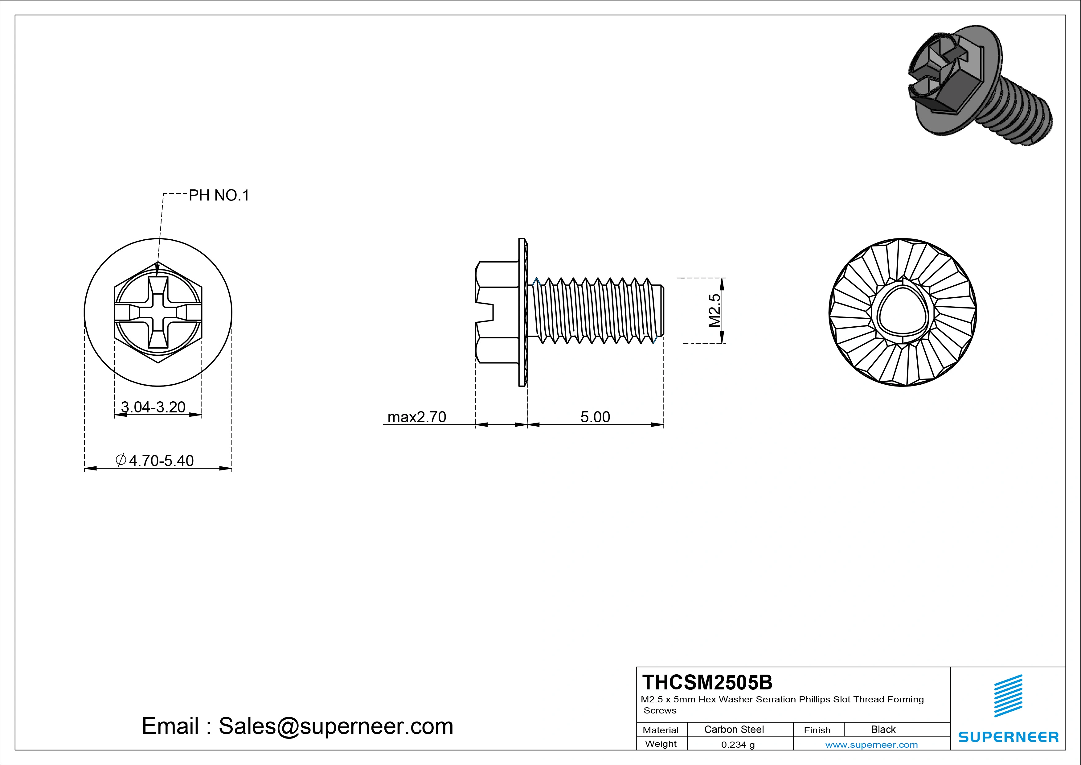 M2.5 &times; 5mm Indented Hex Washer Serrattion Phillips Slot Thread Forming Screws for Metal Steel Black