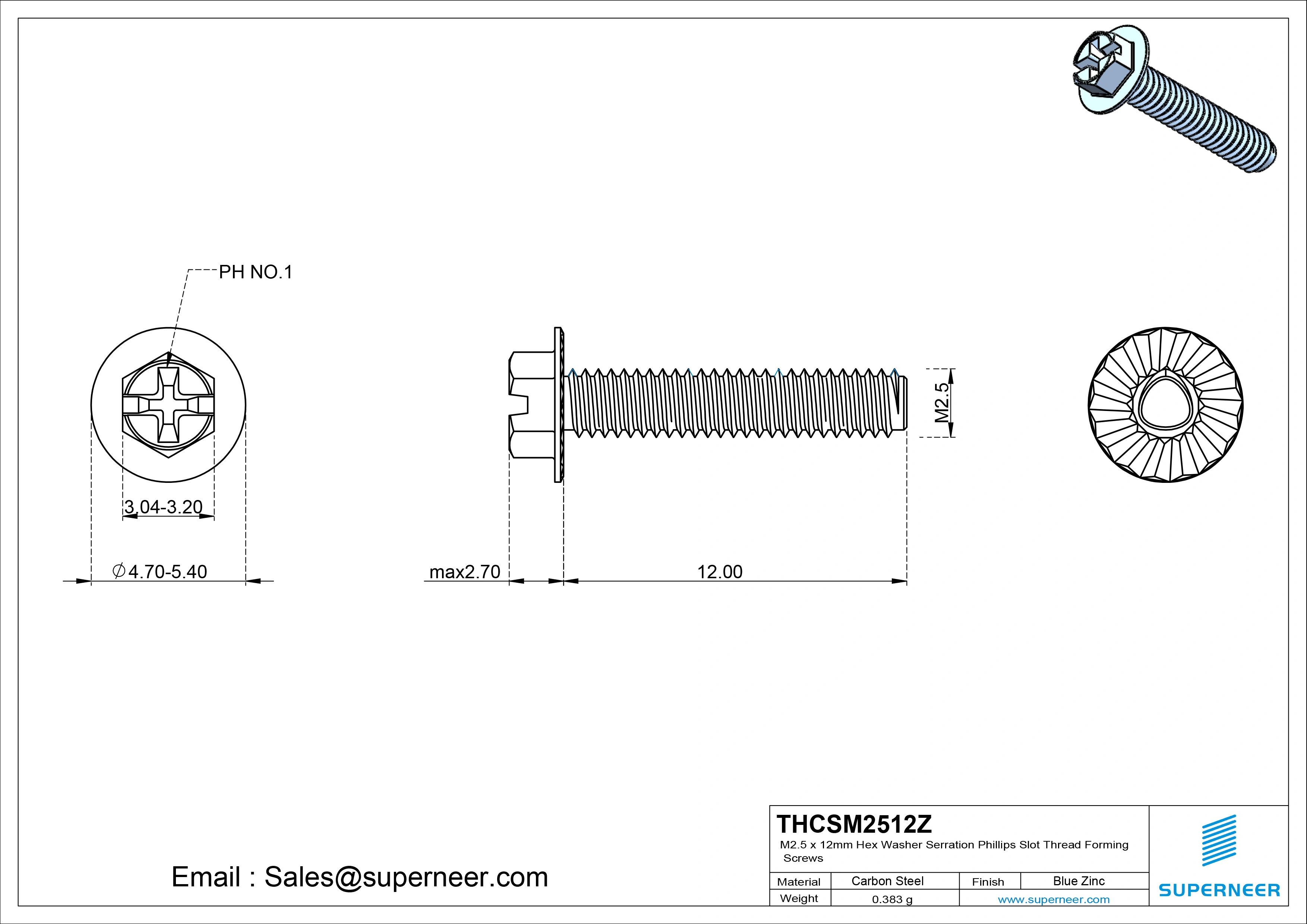 M2.5 × 12mm Indented Hex Washer Serrattion Phillips Slot Thread Forming Screws for Metal Steel Blue Zinc Plated