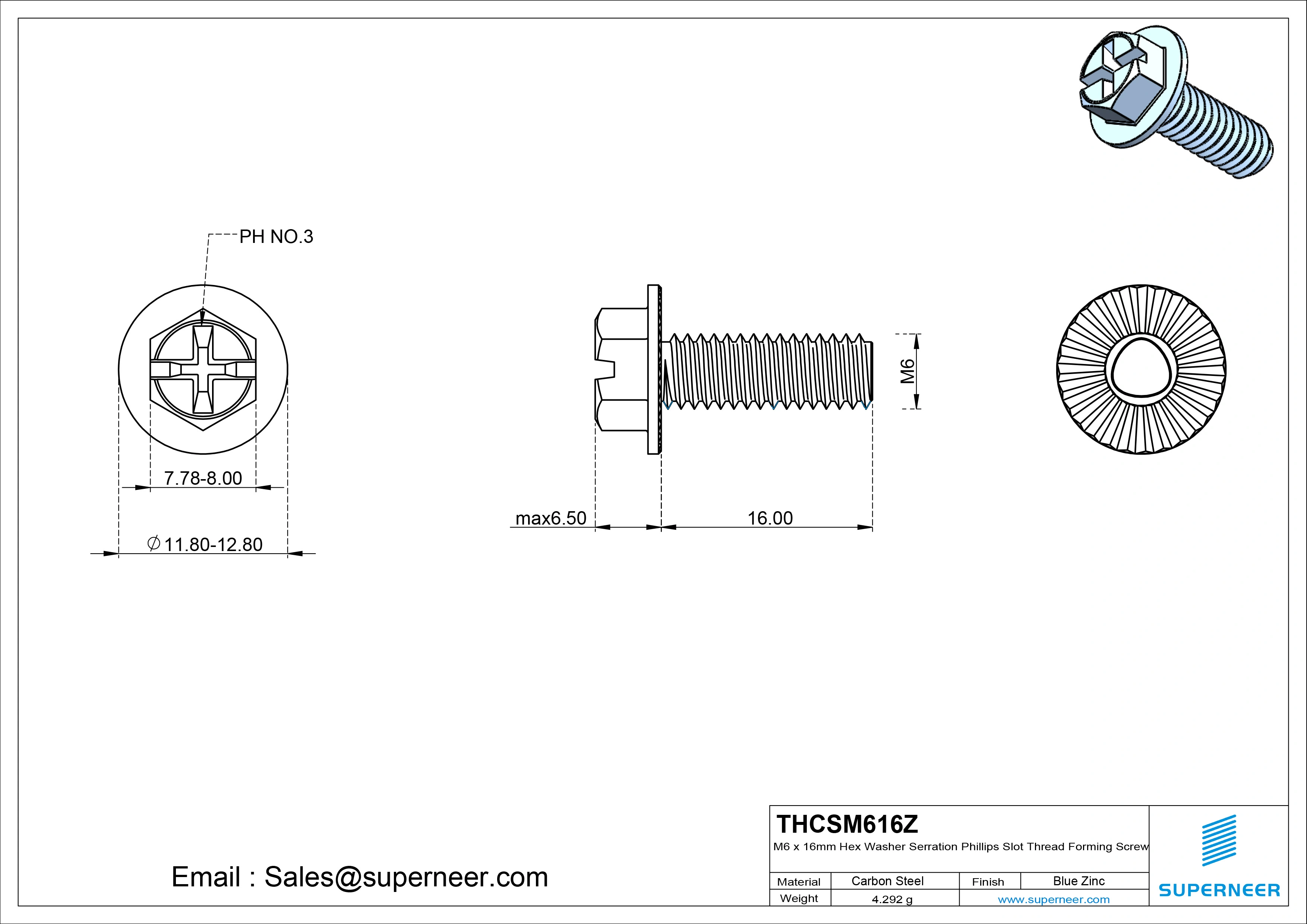 M6 × 16mm Indented Hex Washer Serrattion Phillips Slot Thread Forming Screws for Metal Steel Blue Zinc Plated